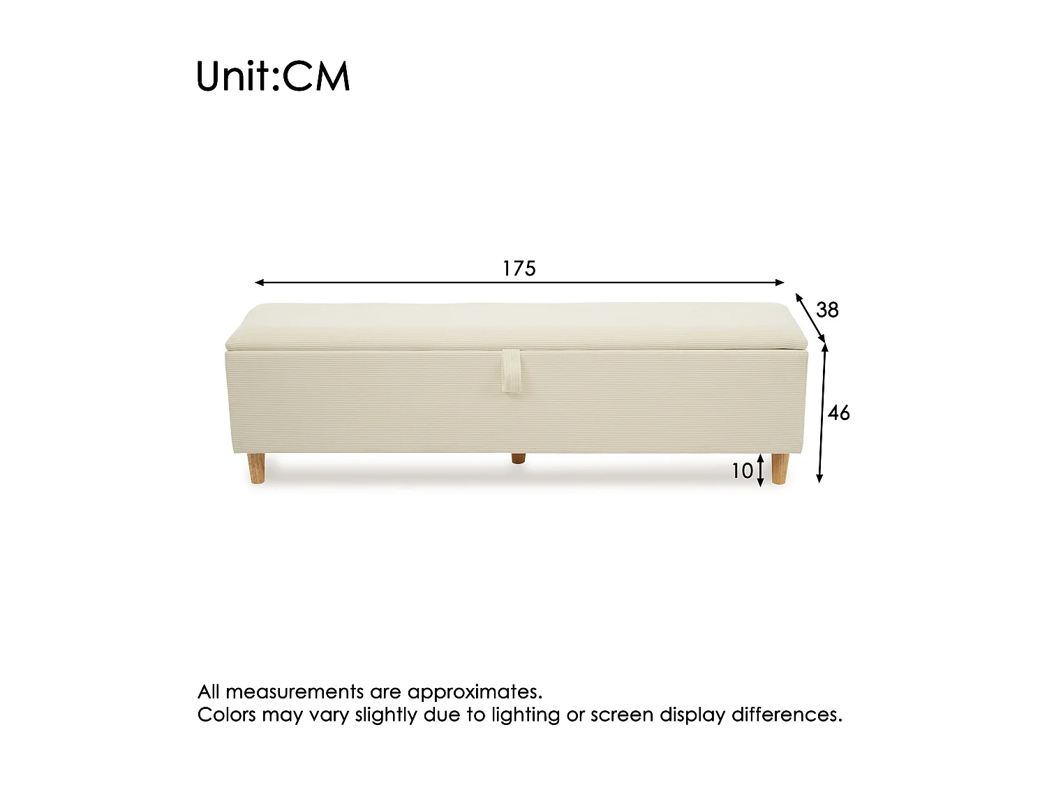 Banc coffre de rangement en velours côtelé beige 175x38x46 cm