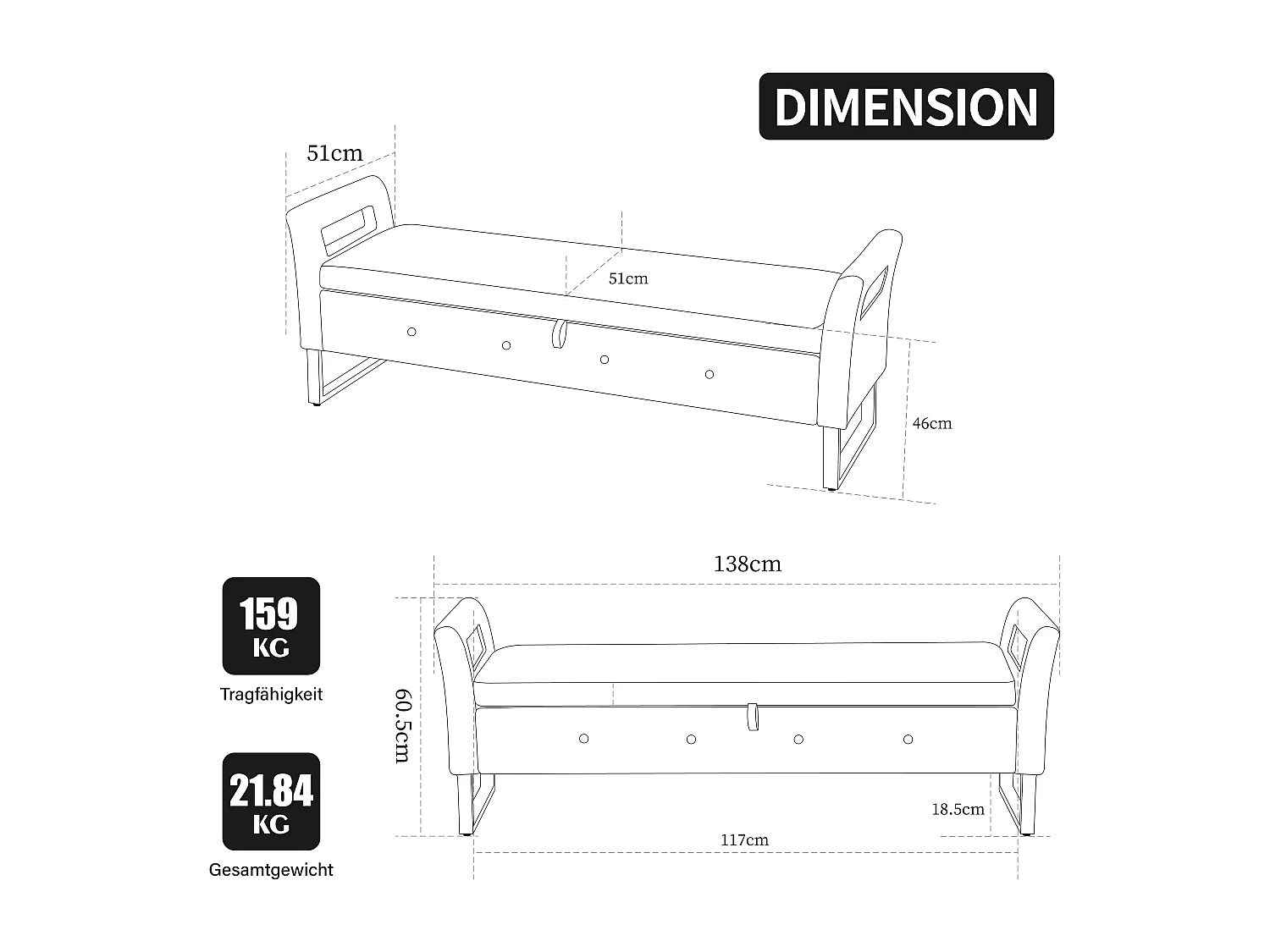 Banc de lit avec rangement - Velours noir
