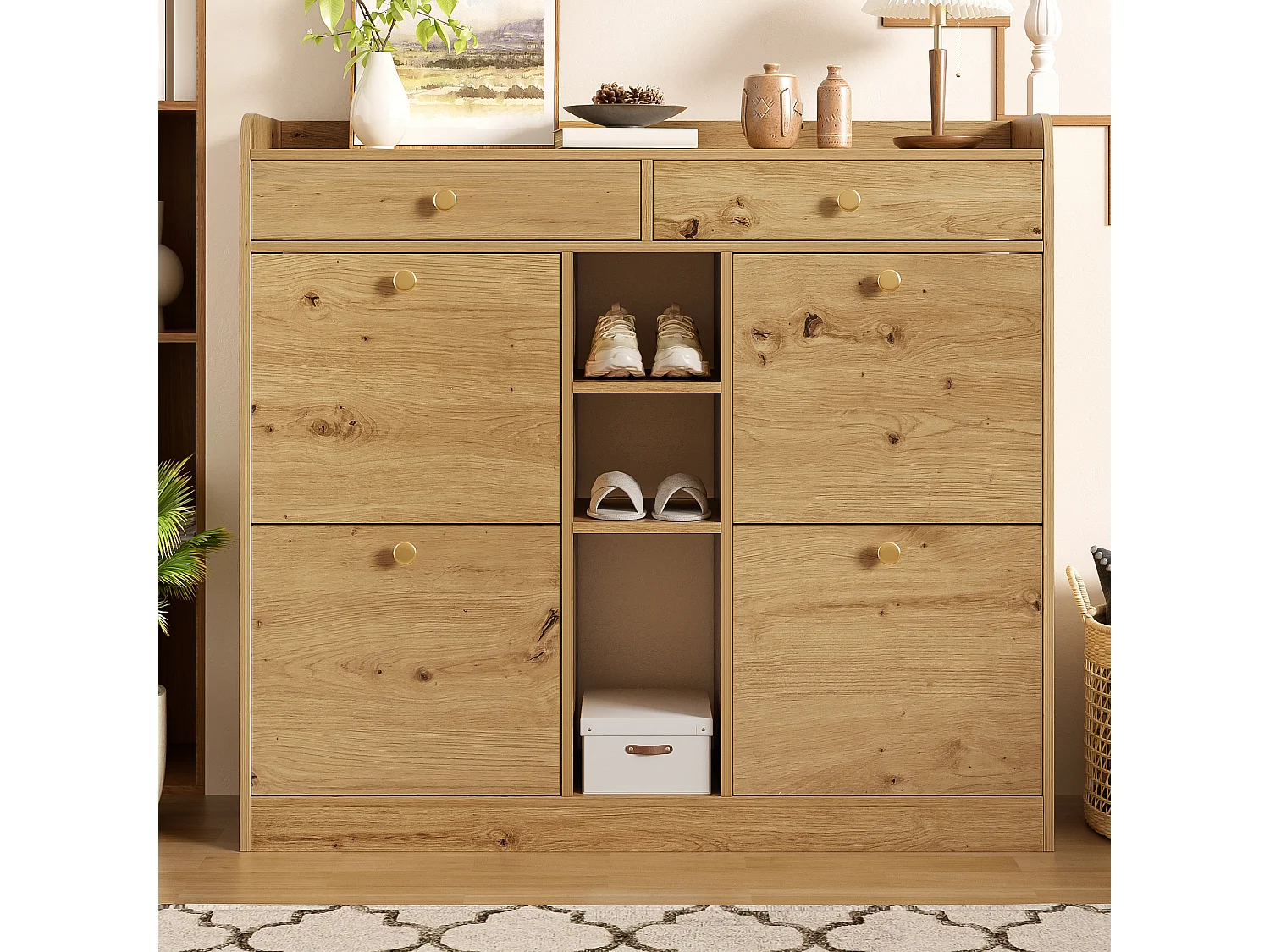 Meuble à chaussures avec 4 portes abattantes, 2 tiroirs et 3 niches - Couleur bois