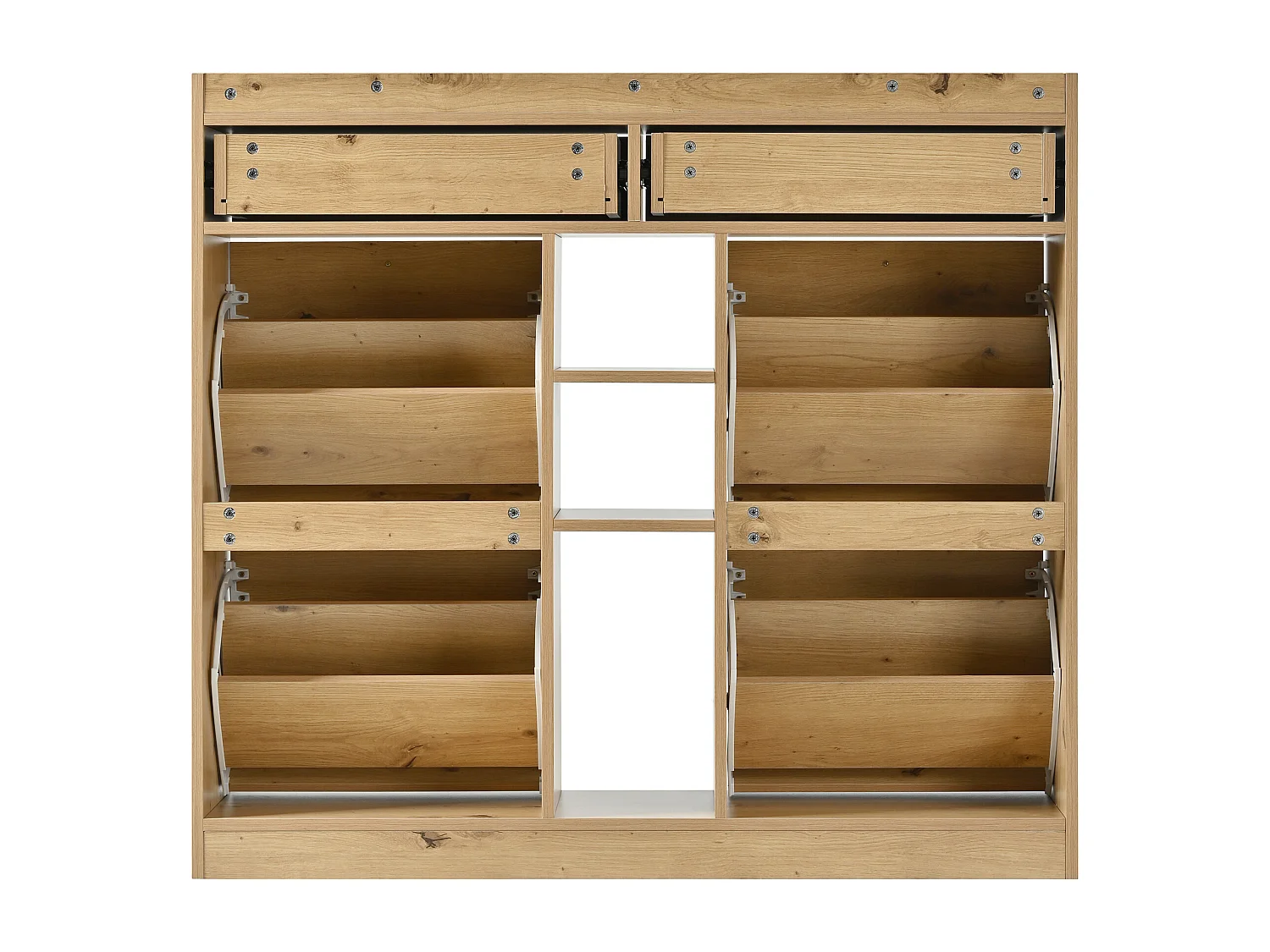 Meuble à chaussures avec 4 portes abattantes, 2 tiroirs et 3 niches - Couleur bois