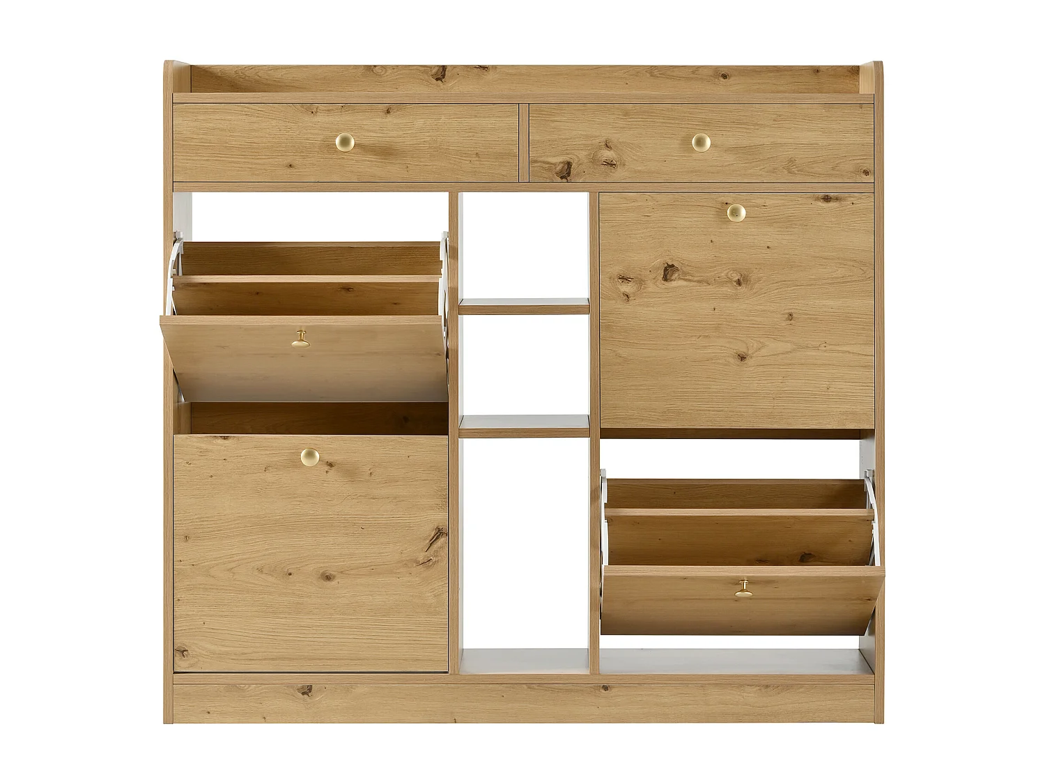 Meuble à chaussures avec 4 portes abattantes, 2 tiroirs et 3 niches - Couleur bois