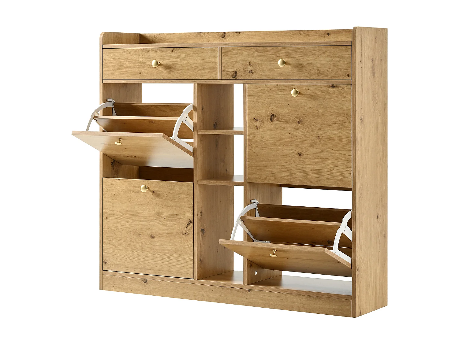 Meuble à chaussures avec 4 portes abattantes, 2 tiroirs et 3 niches - Couleur bois