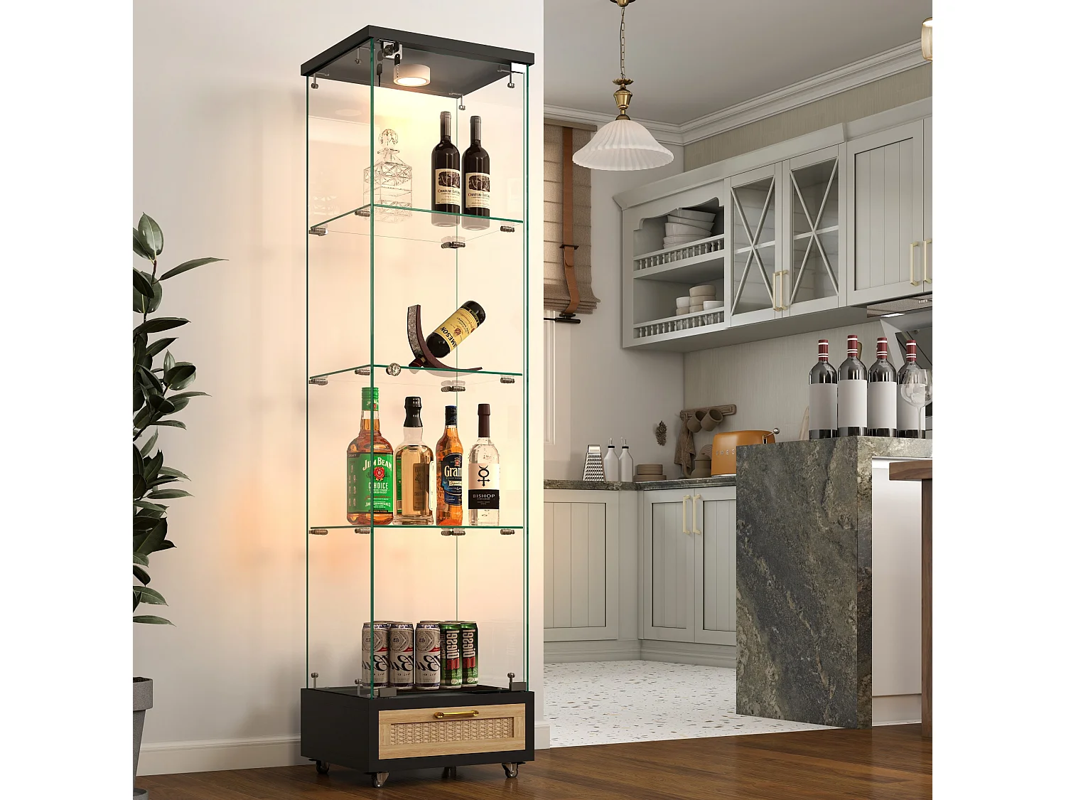 Vitrine LED noire en verre trempé avec tiroir - 4 roulettes avec freins