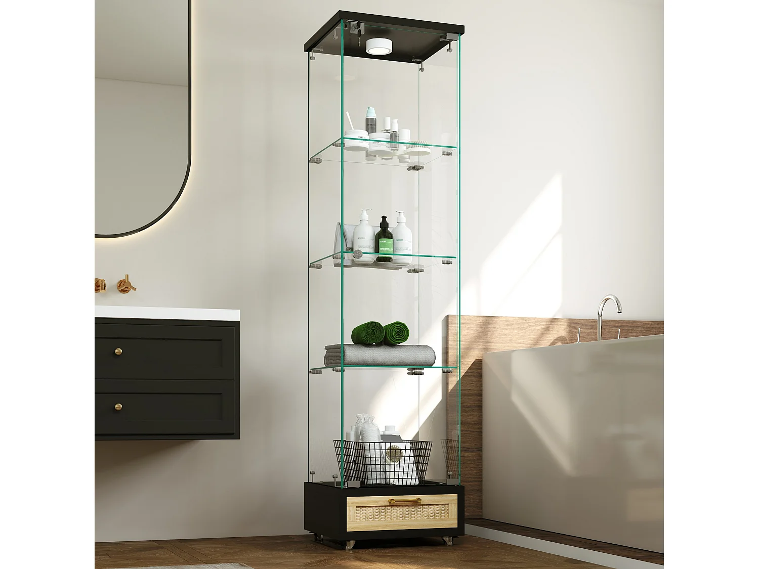 Vitrine LED noire en verre trempé avec tiroir - 4 roulettes avec freins