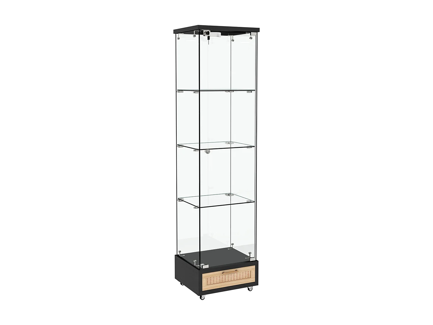 Vitrine LED noire en verre trempé avec tiroir - 4 roulettes avec freins