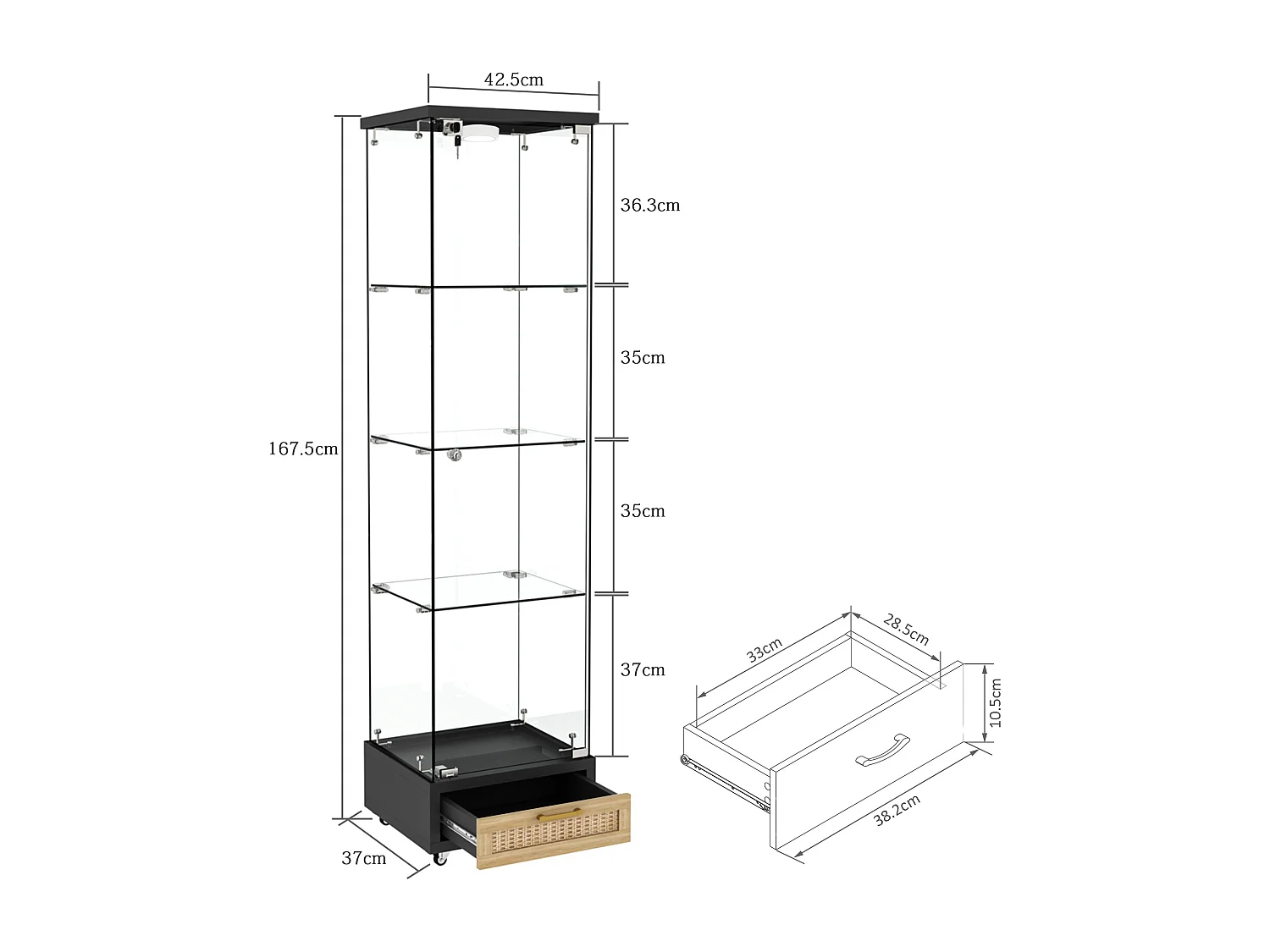 Vitrine LED noire en verre trempé avec tiroir - 4 roulettes avec freins