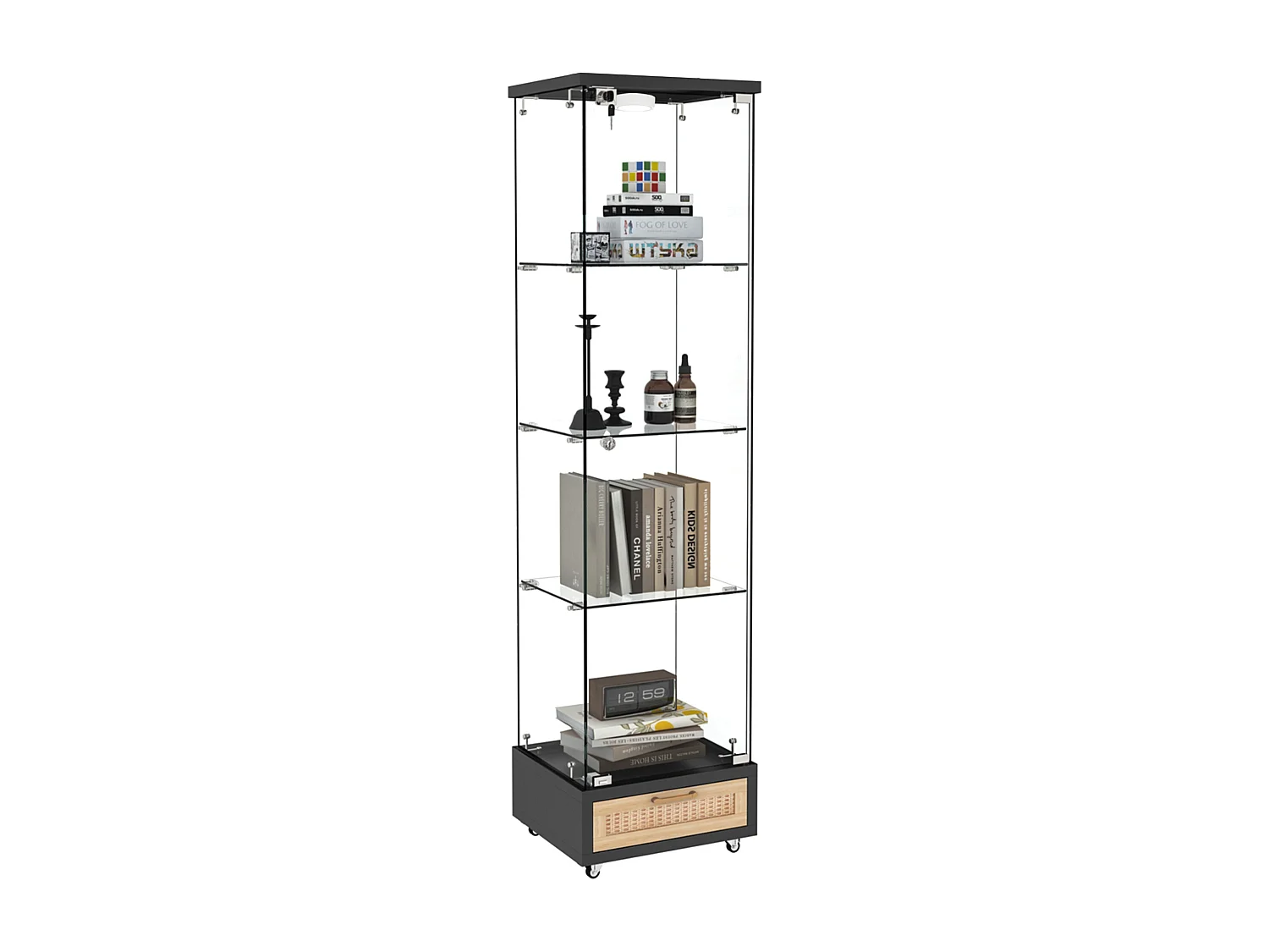 Vitrine LED noire en verre trempé avec tiroir - 4 roulettes avec freins