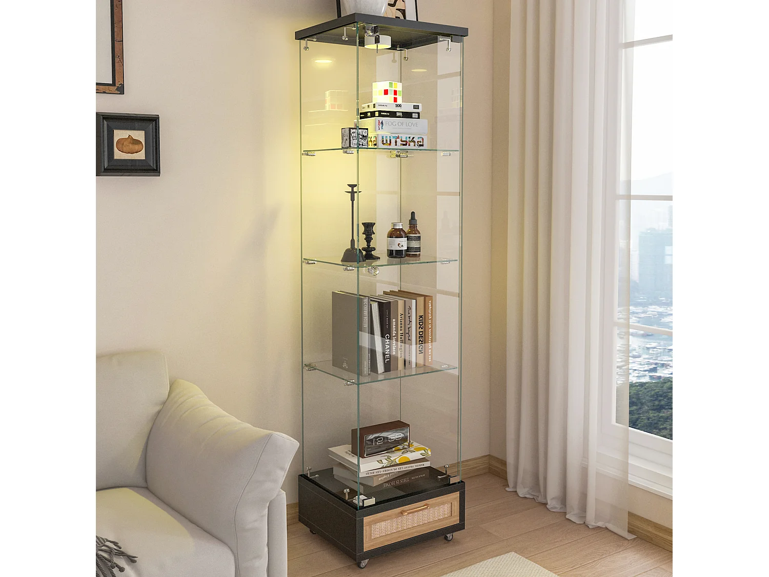 Vitrine LED noire en verre trempé avec tiroir - 4 roulettes avec freins