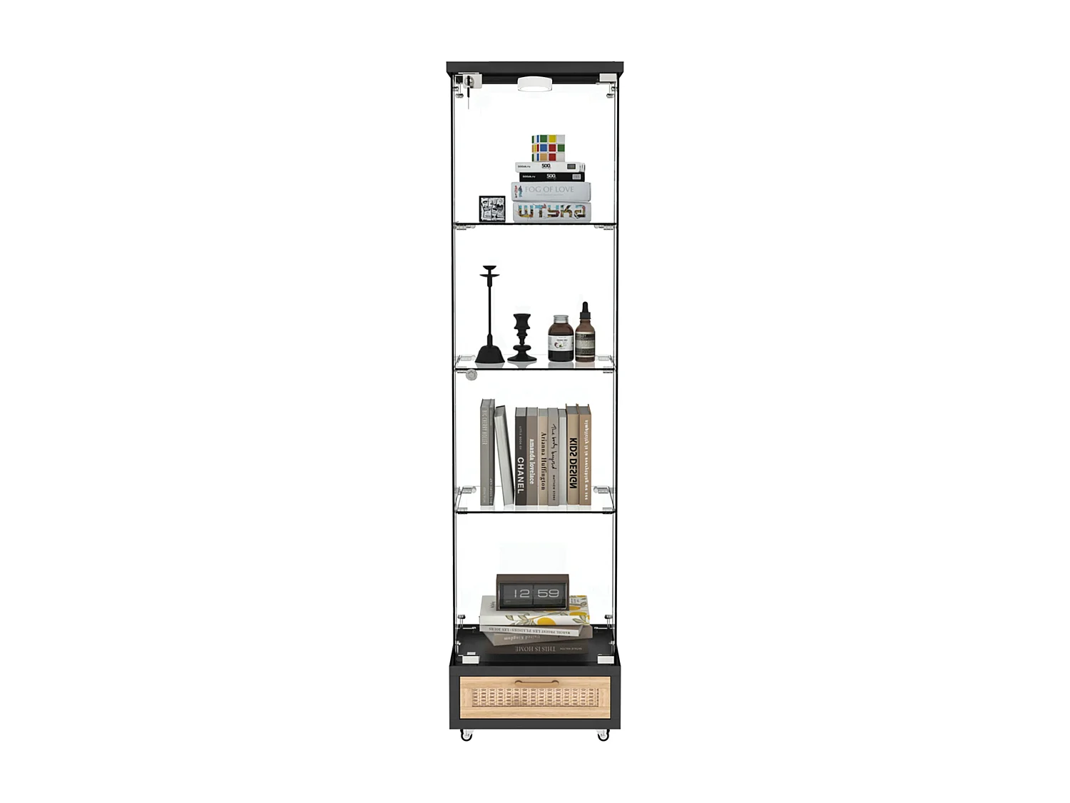 Vitrine LED noire en verre trempé avec tiroir - 4 roulettes avec freins