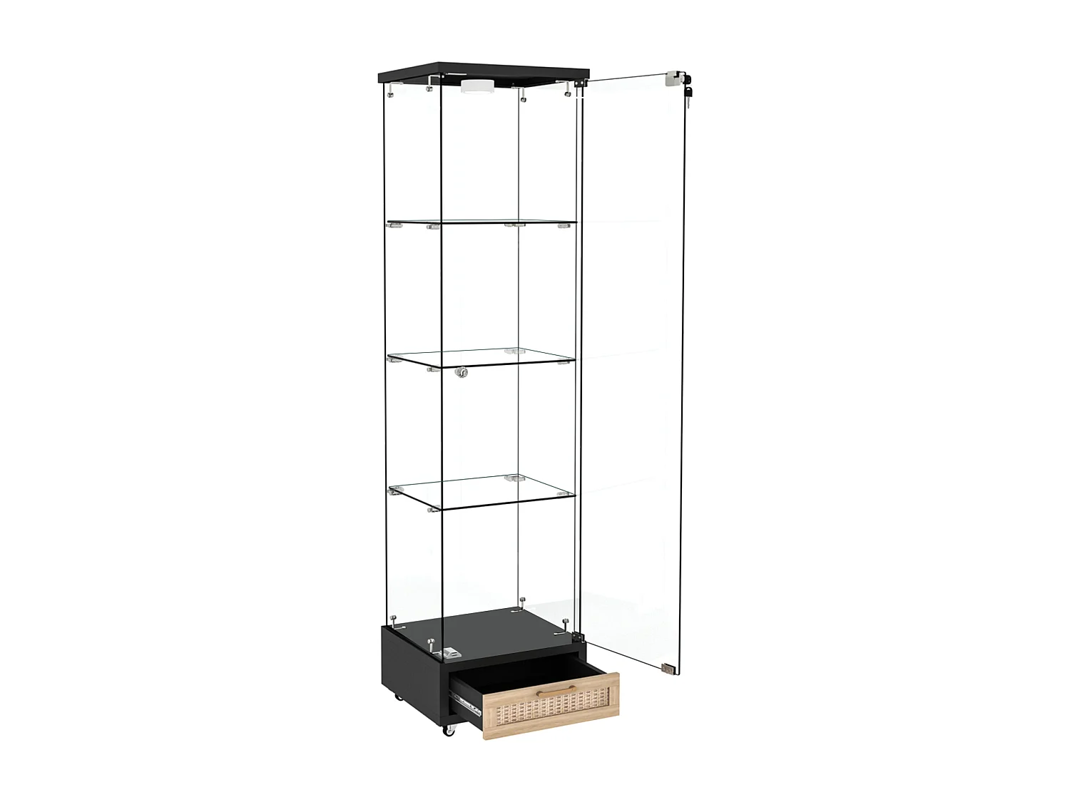 Vitrine LED noire en verre trempé avec tiroir - 4 roulettes avec freins