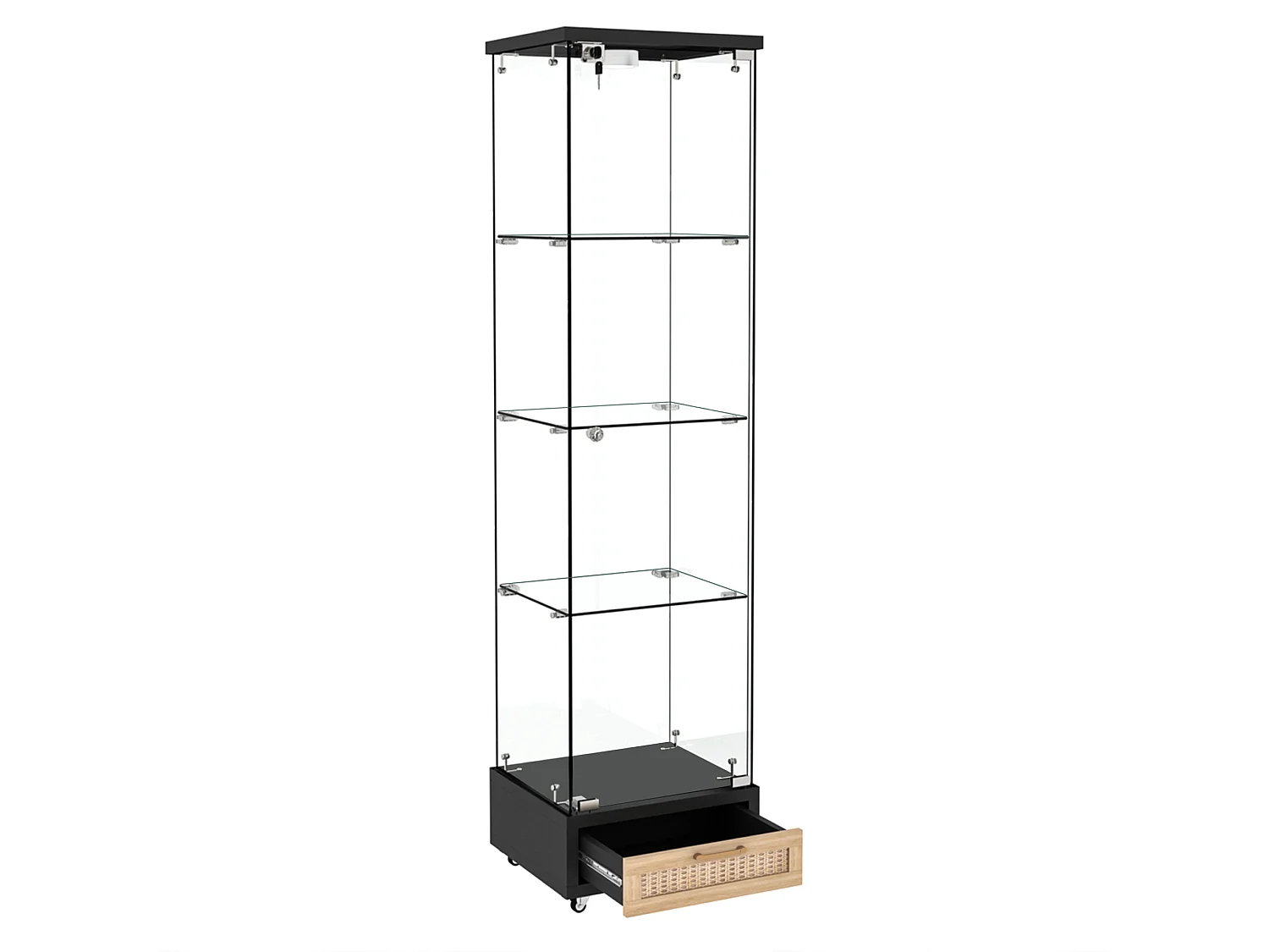 Vitrine LED noire en verre trempé avec tiroir - 4 roulettes avec freins