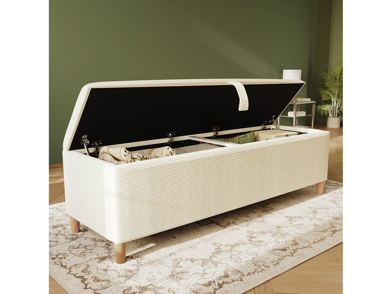 Opbergbank in beige corduroy, 145x38x46 cm