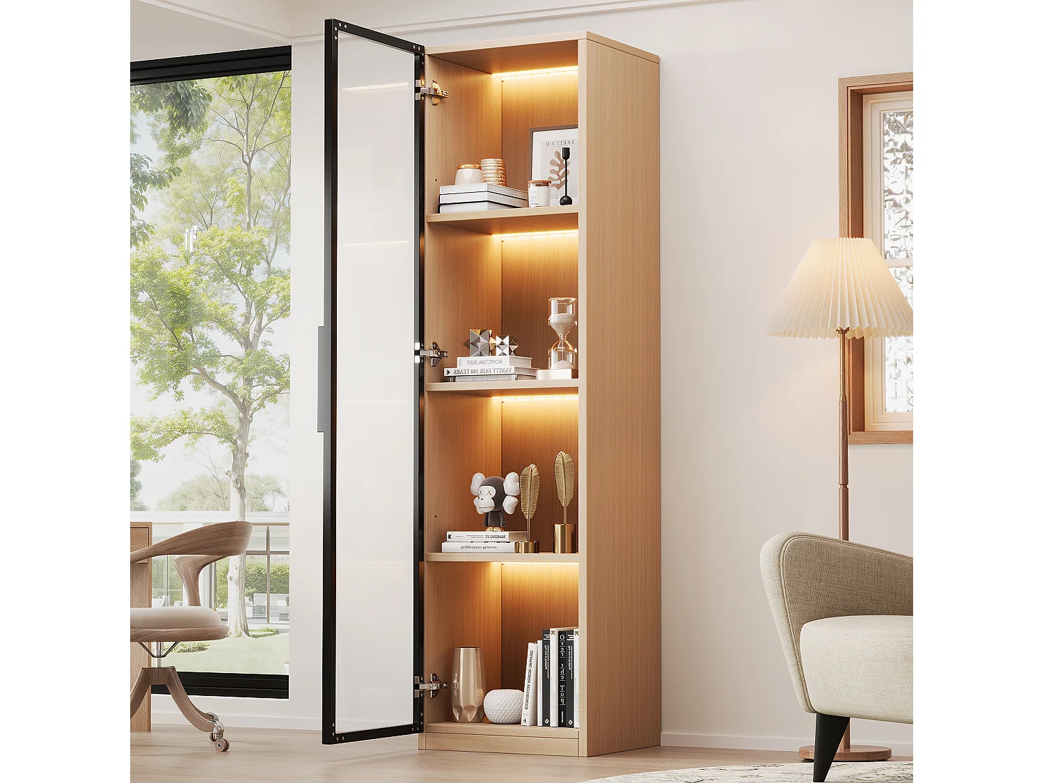 Vetrina con anta in vetro e illuminazione a LED, 40×40×165 cm - MDF effetto rovere