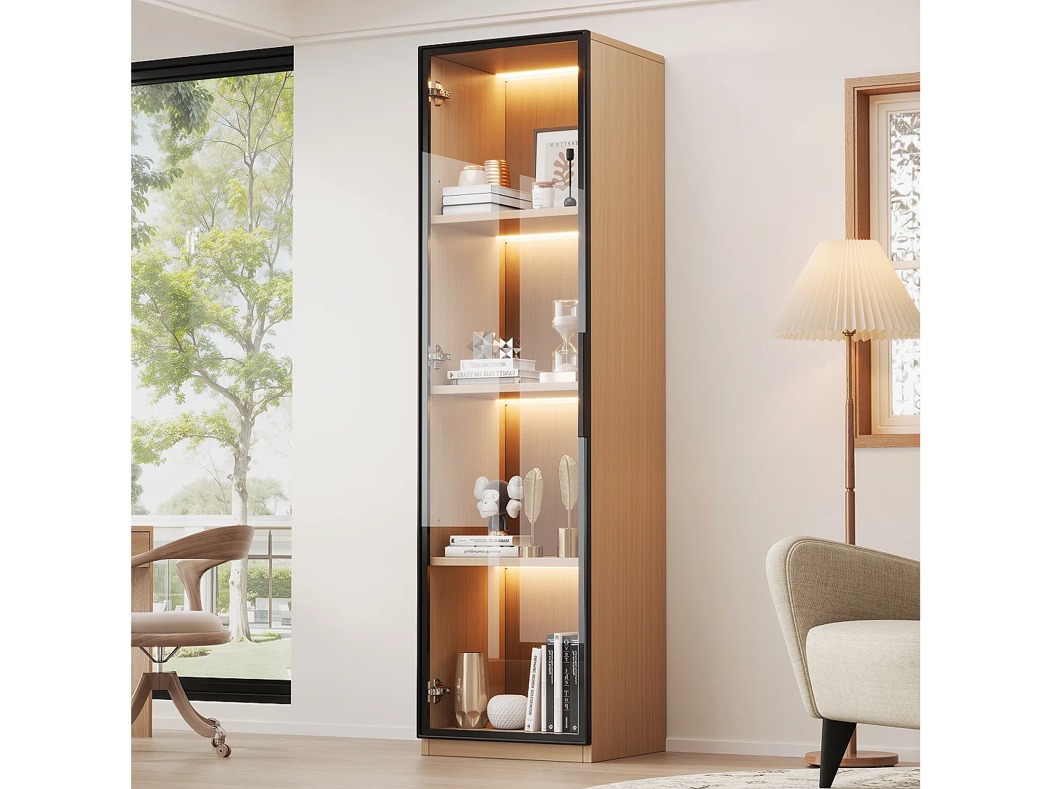 Vetrina con anta in vetro e illuminazione a LED, 40×40×165 cm - MDF effetto rovere