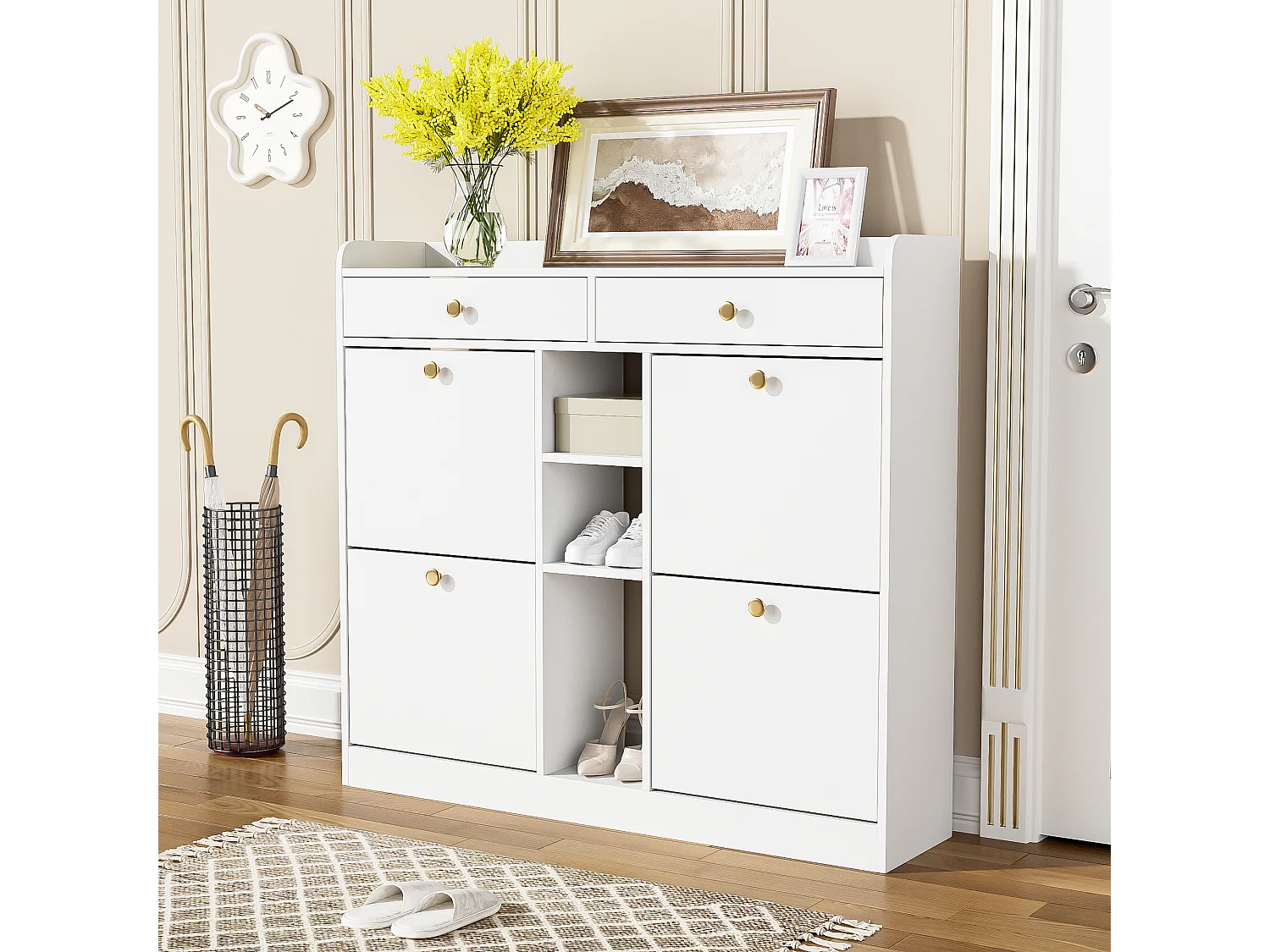 Meuble à chaussures avec 4 portes abattantes, 2 tiroirs et 3 niches - Blanc