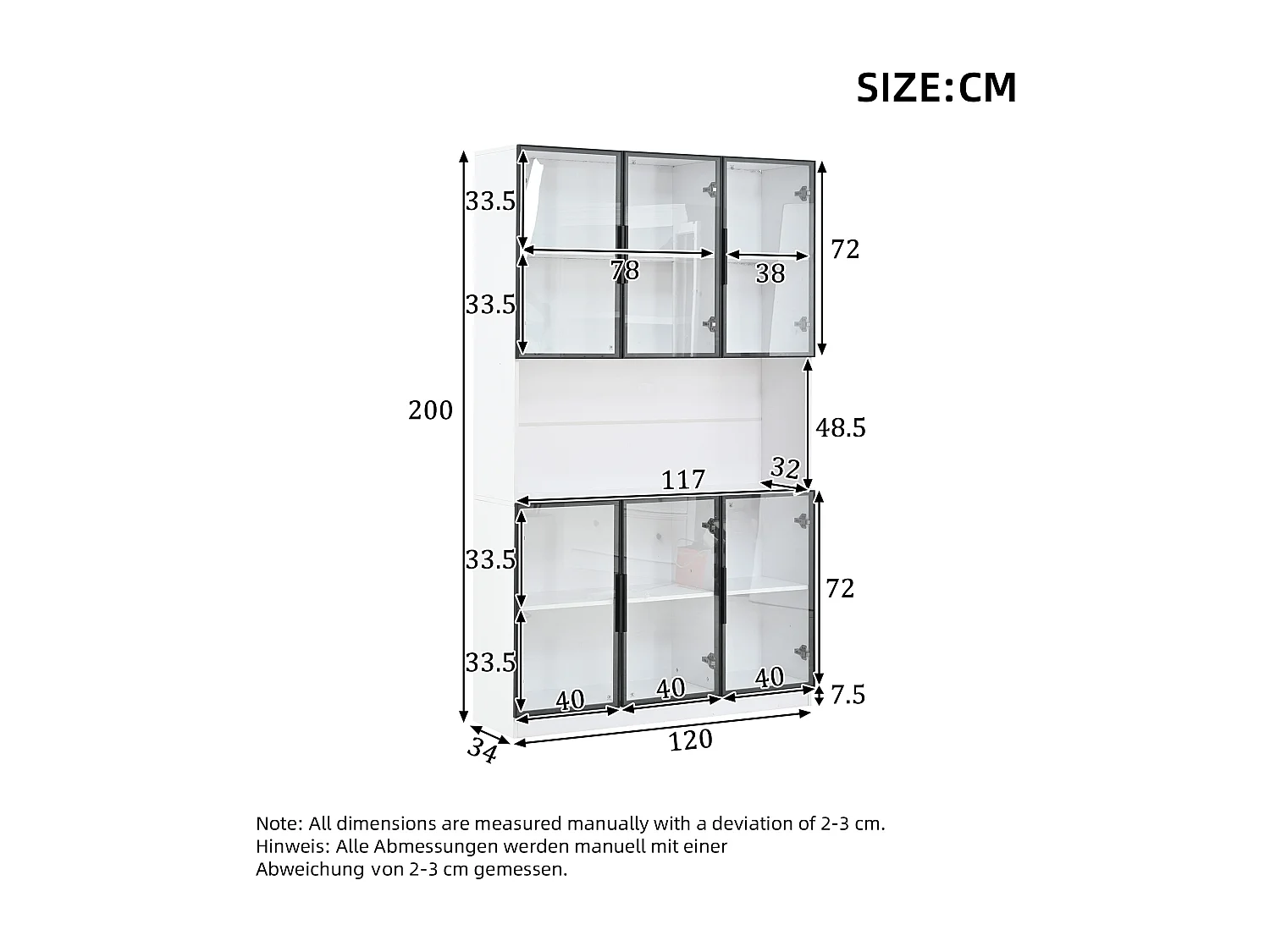 Vetrina 120 x 34 x 200 cm con 6 ante in vetro e illuminazione a LED - Bianco