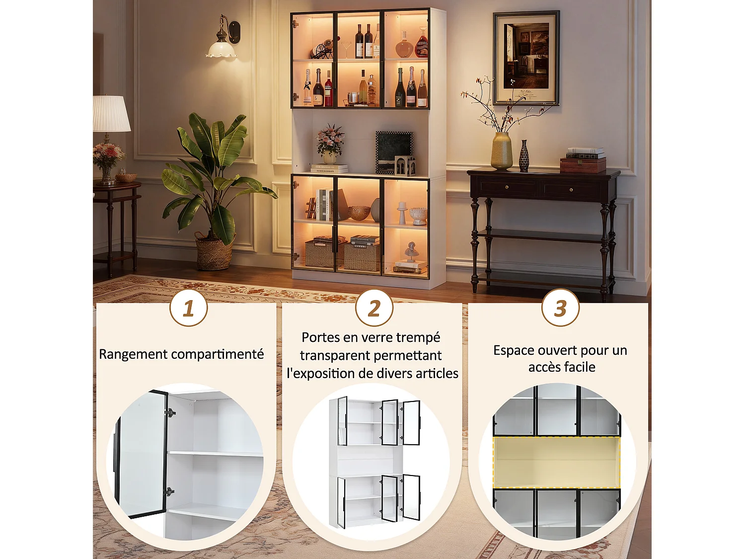 Vetrina 120 x 34 x 200 cm con 6 ante in vetro e illuminazione a LED - Bianco