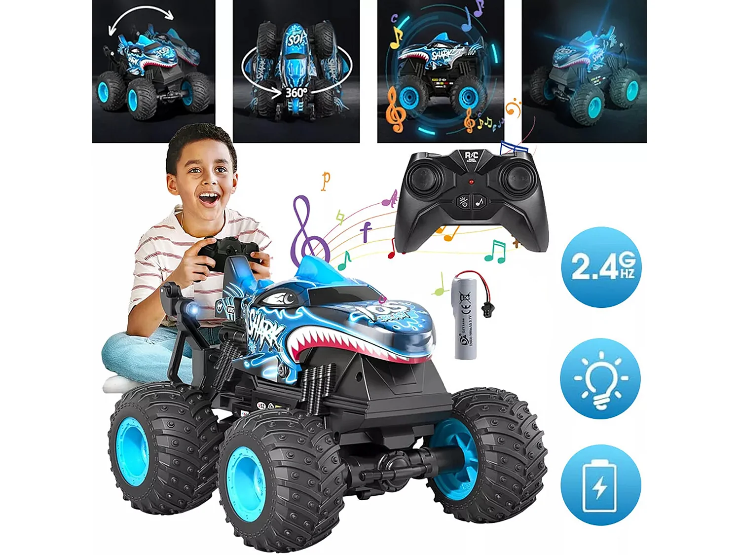 Voiture télécommandée bleue - Camion monstre avec lumières LED et musique