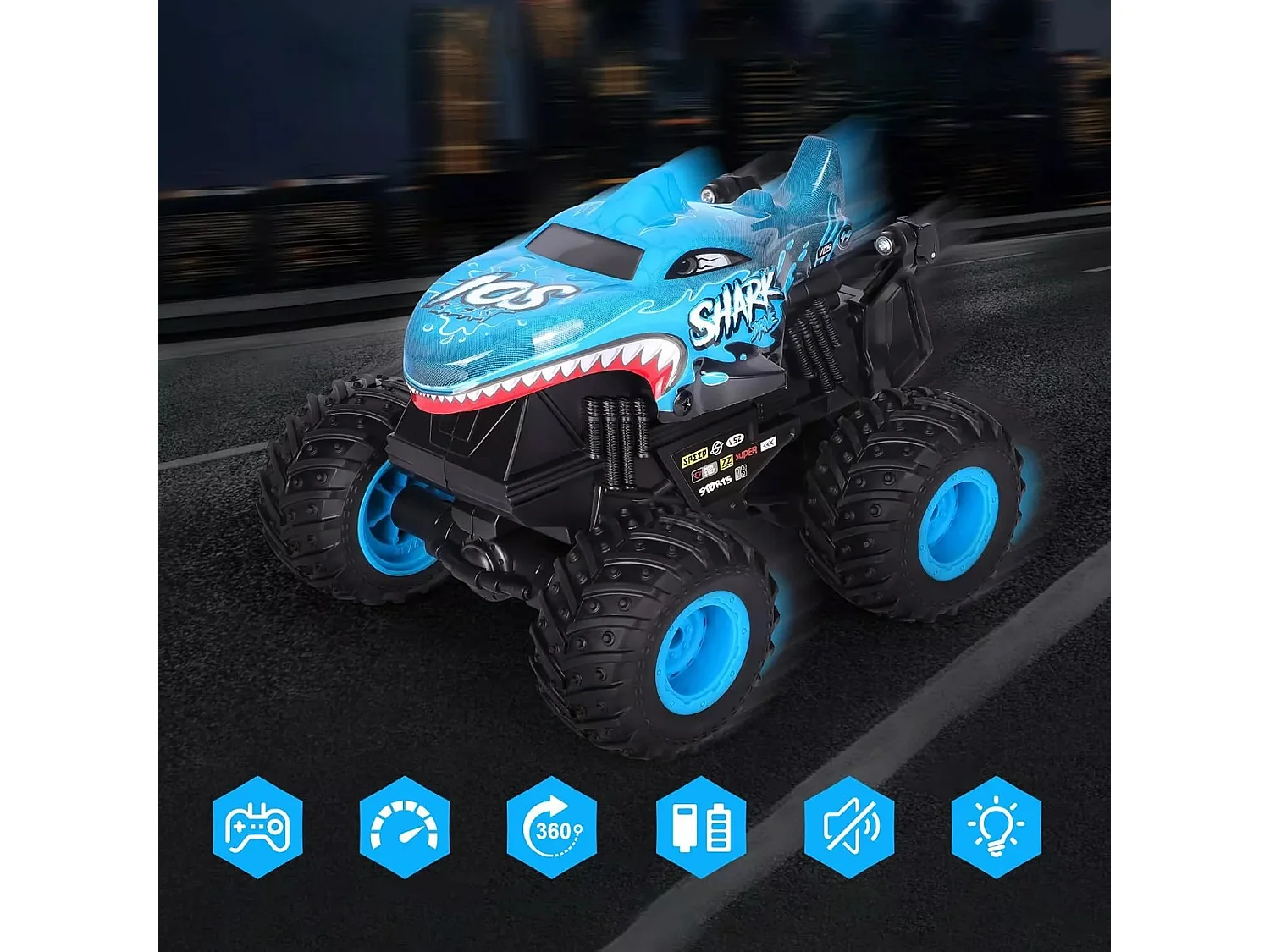 Voiture télécommandée bleue - Camion monstre avec lumières LED et musique