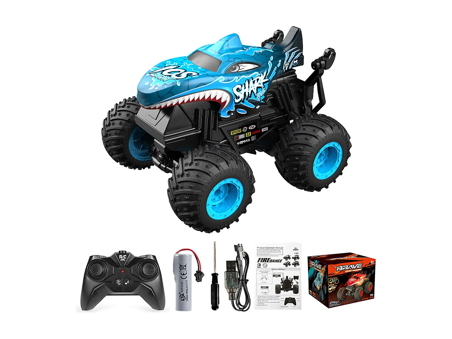 Voiture télécommandée bleue - Camion monstre avec lumières LED et musique