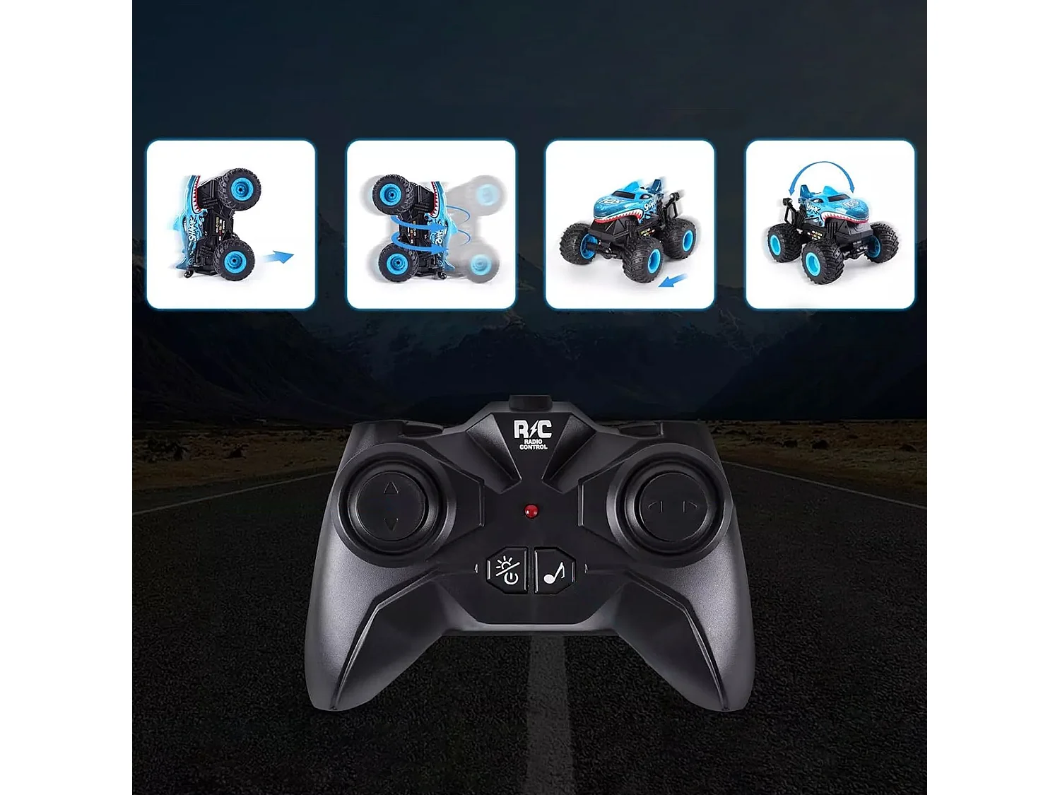 Voiture télécommandée bleue - Camion monstre avec lumières LED et musique