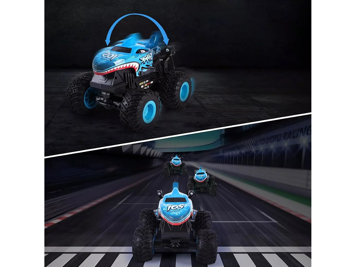 Voiture télécommandée bleue - Camion monstre avec lumières LED et musique