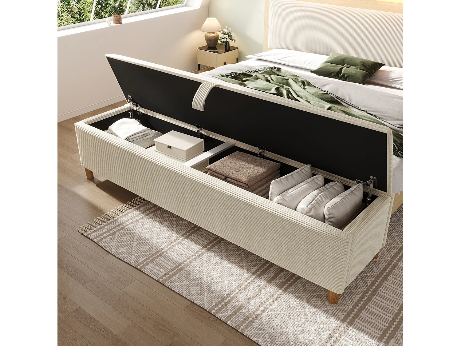 Panca contenitore in velluto a coste beige, 165x38x46 cm