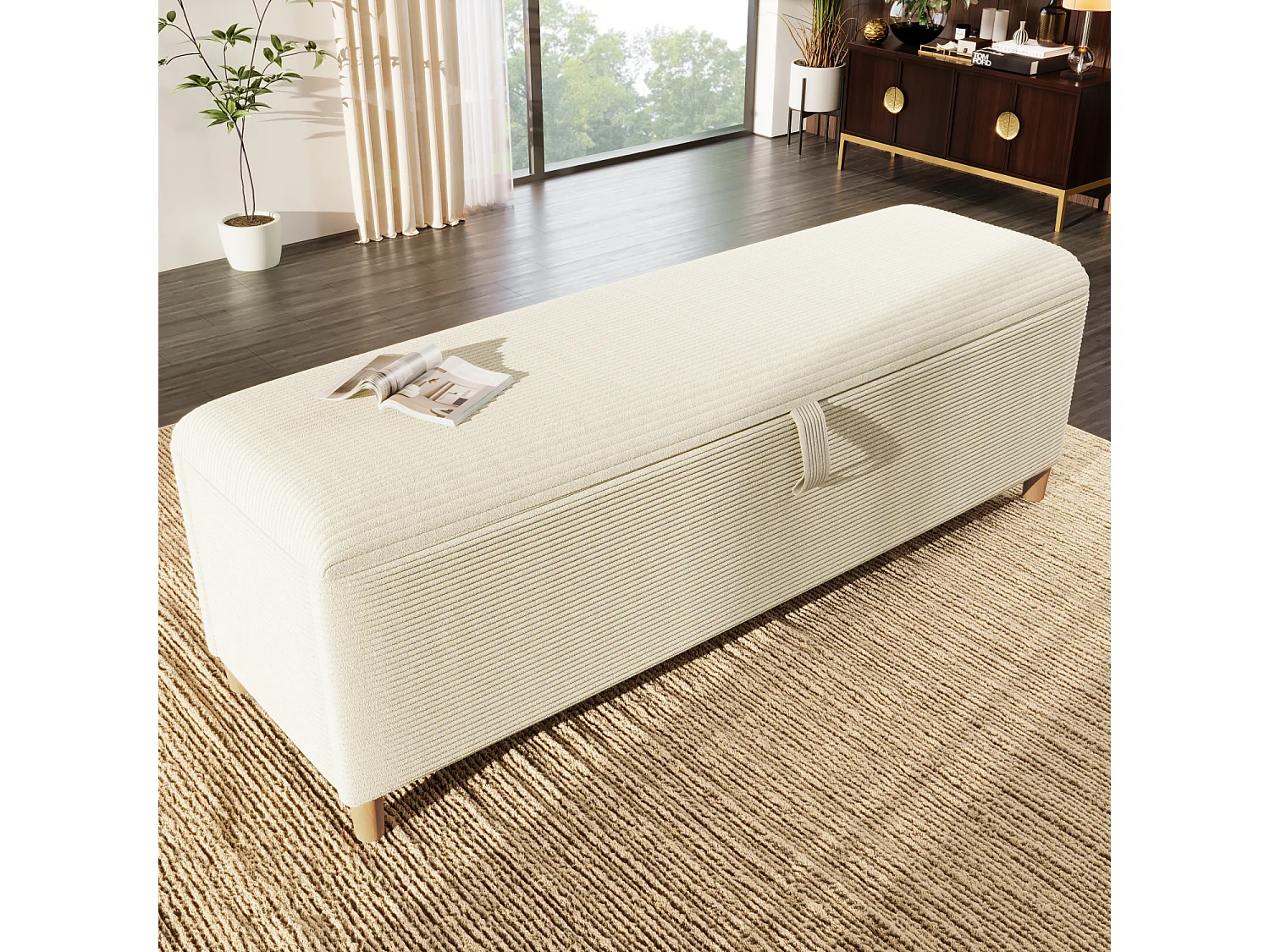 Panca contenitore in velluto a coste beige, 165x38x46 cm