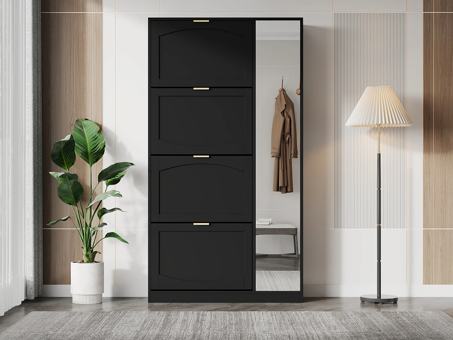 Meuble à chaussures avec miroir, 4 compartiments de rabattables - Noir