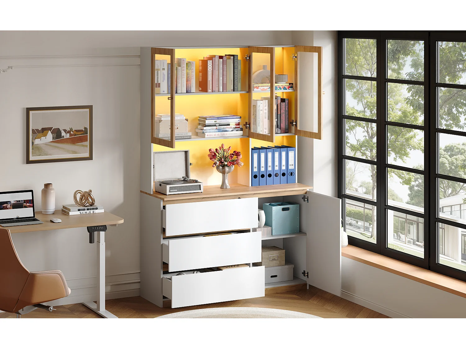 Vetrina alta con illuminazione a LED, 4 ante e 3 cassetti - libreria 120 x 200 cm in bianco e rovere