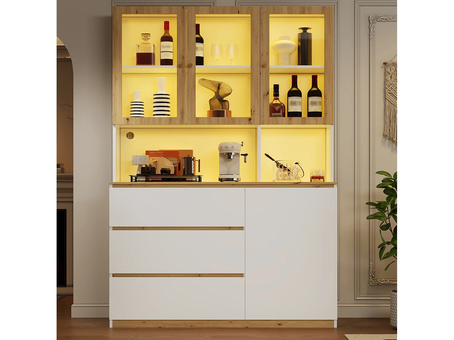 Vetrina alta con illuminazione a LED, 4 ante e 3 cassetti - libreria 120 x 200 cm in bianco e rovere