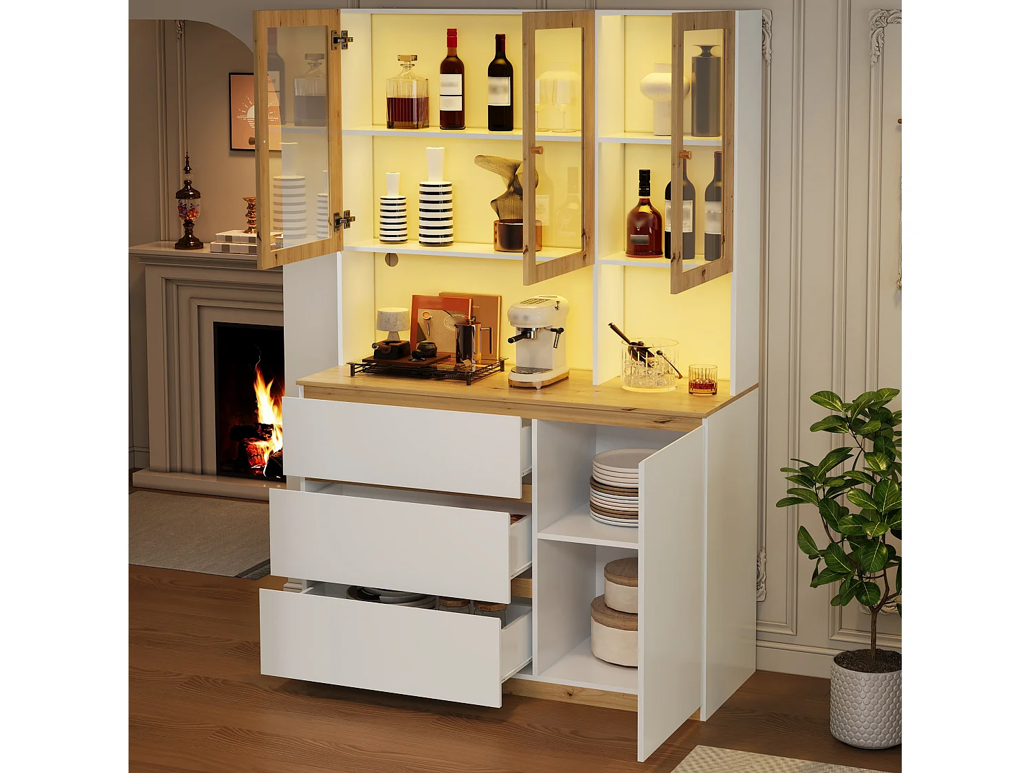 Vetrina alta con illuminazione a LED, 4 ante e 3 cassetti - libreria 120 x 200 cm in bianco e rovere