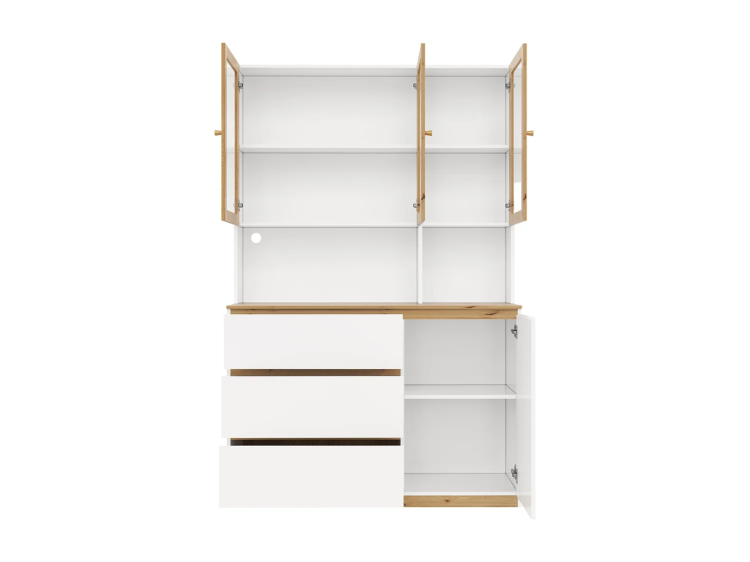 Vetrina alta con illuminazione a LED, 4 ante e 3 cassetti - libreria 120 x 200 cm in bianco e rovere