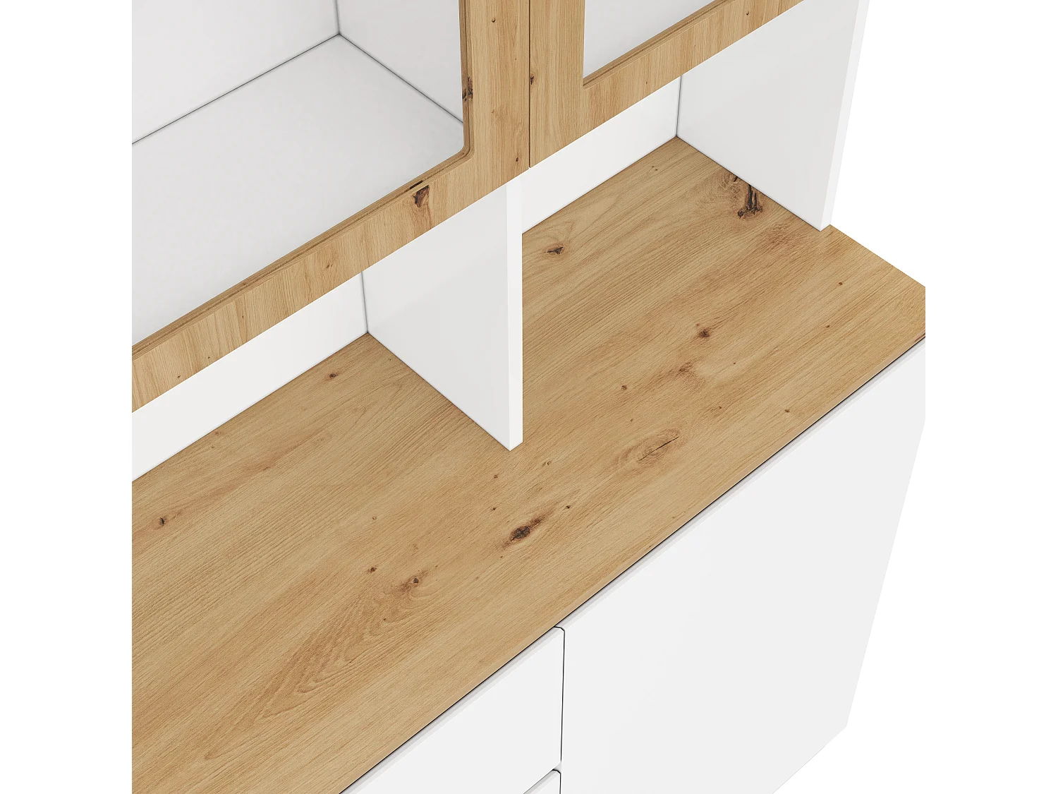 Vetrina alta con illuminazione a LED, 4 ante e 3 cassetti - libreria 120 x 200 cm in bianco e rovere