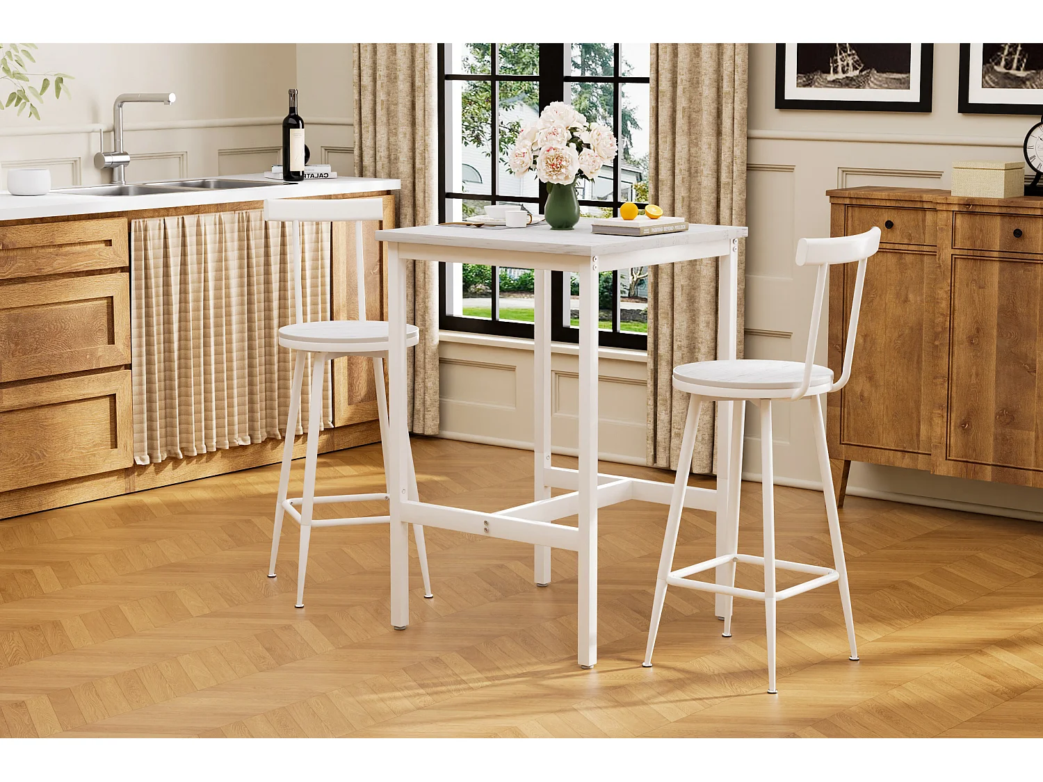 Ensemble table de bar 60x60 cm avec 2 tabourets, bois et métal blanc