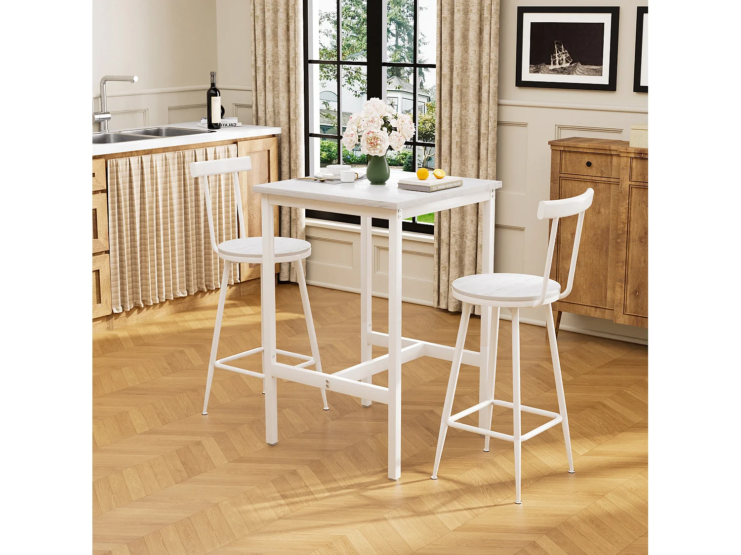 Ensemble table de bar 60x60 cm avec 2 tabourets, bois et métal blanc