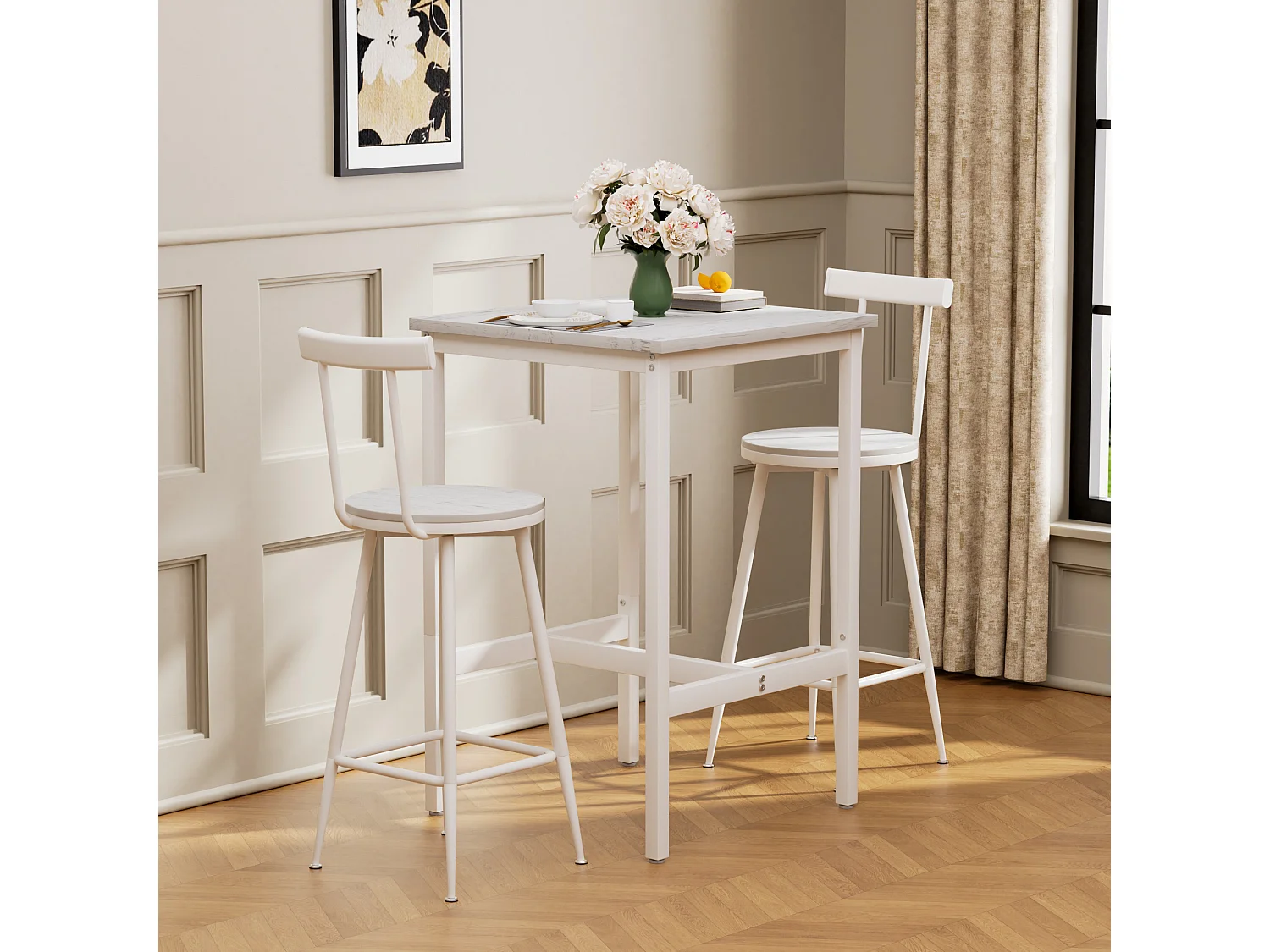 Ensemble table de bar 60x60 cm avec 2 tabourets, bois et métal blanc