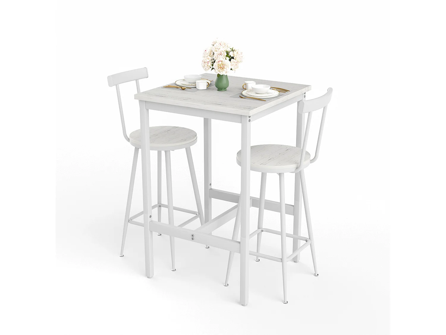 Ensemble table de bar 60x60 cm avec 2 tabourets, bois et métal blanc