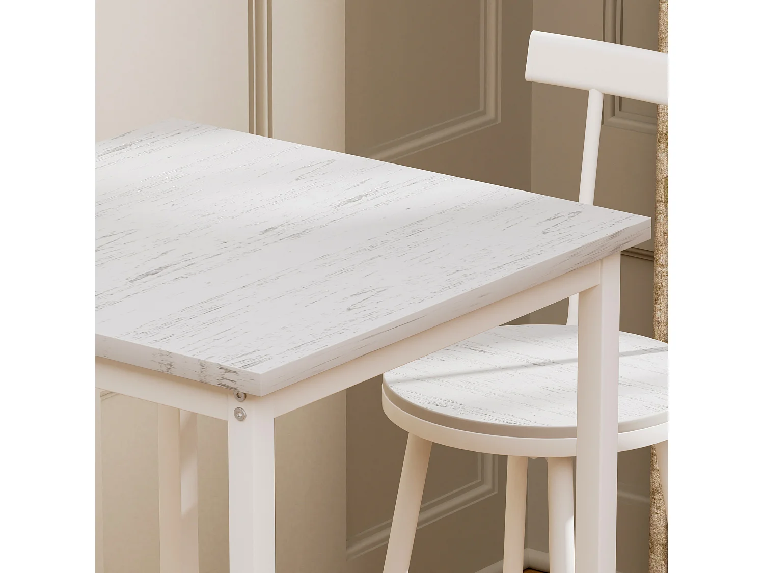 Ensemble table de bar 60x60 cm avec 2 tabourets, bois et métal blanc