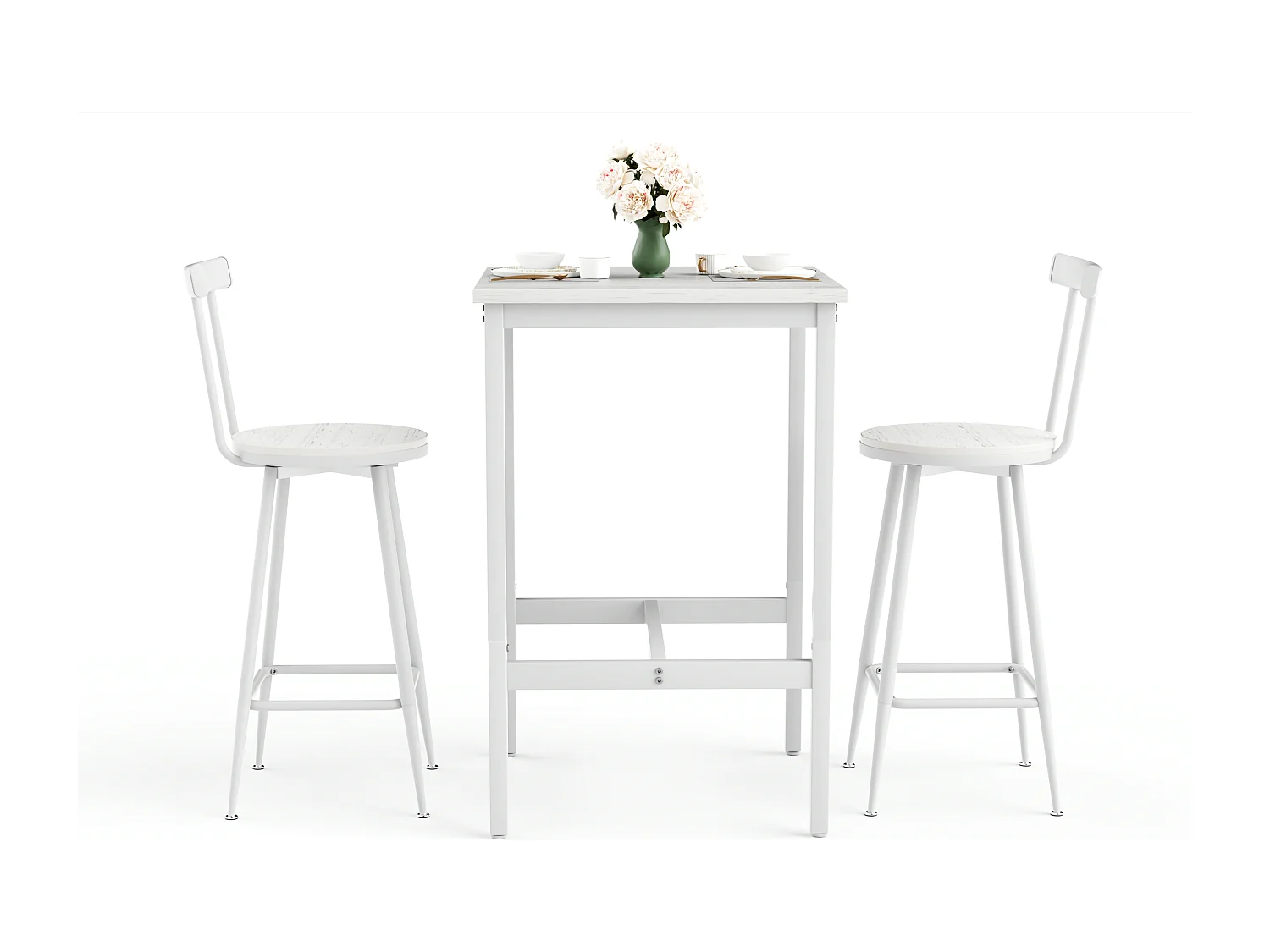 Ensemble table de bar 60x60 cm avec 2 tabourets, bois et métal blanc
