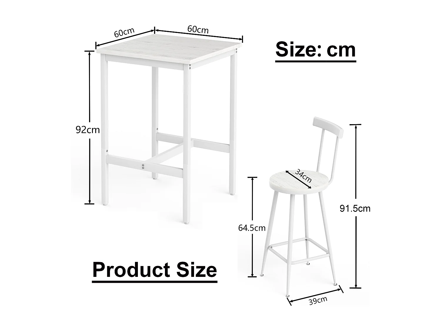 Ensemble table de bar 60x60 cm avec 2 tabourets, bois et métal blanc