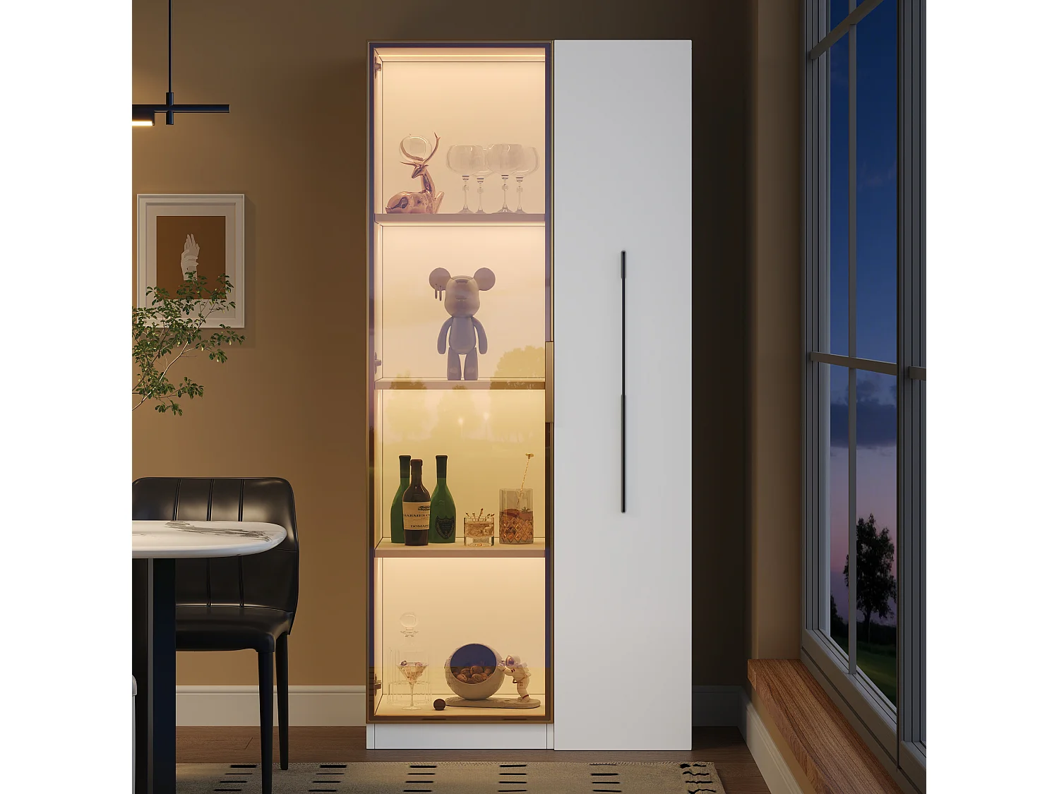 Vetrina a LED 70x40x160 cm con anta in vetro e cassetto laterale, bianca