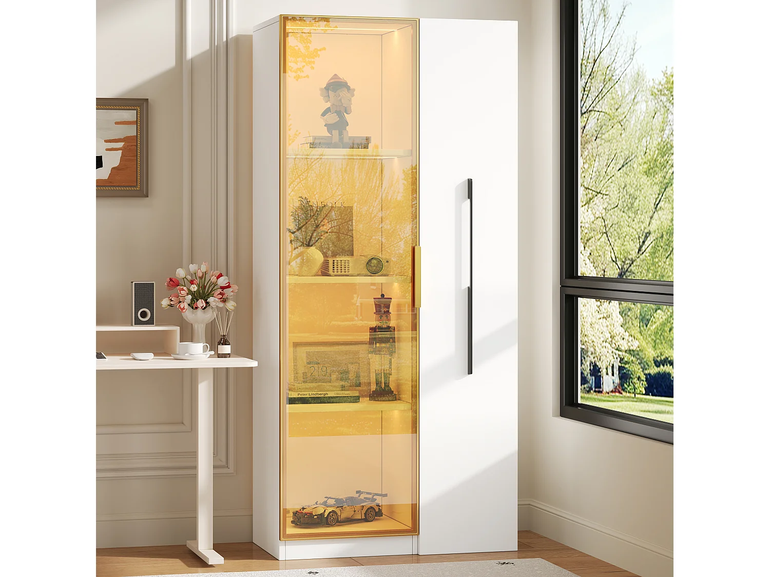 Vetrina a LED 70x40x160 cm con anta in vetro e cassetto laterale, bianca