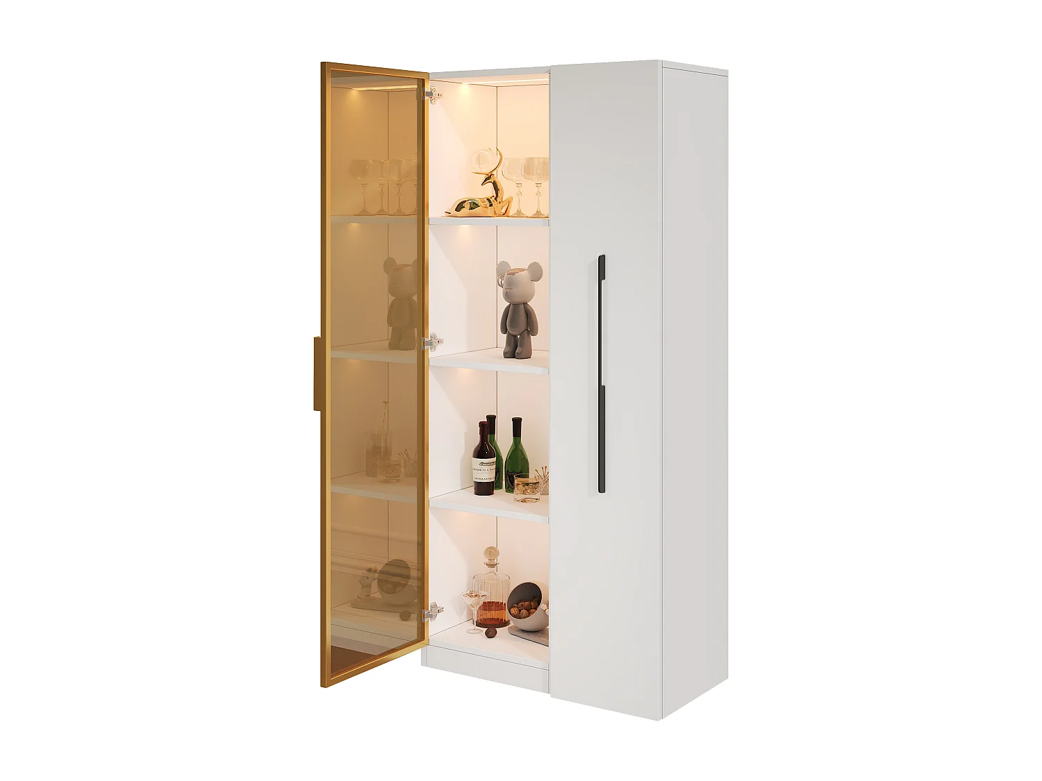 Vetrina a LED 70x40x160 cm con anta in vetro e cassetto laterale, bianca