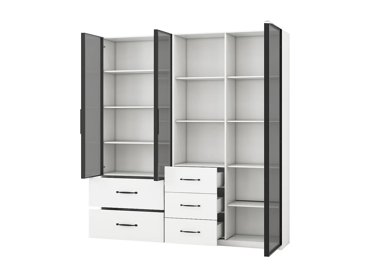 Vetrina bianca a due ante con illuminazione a LED, 3 ante in vetro e 5 cassetti.