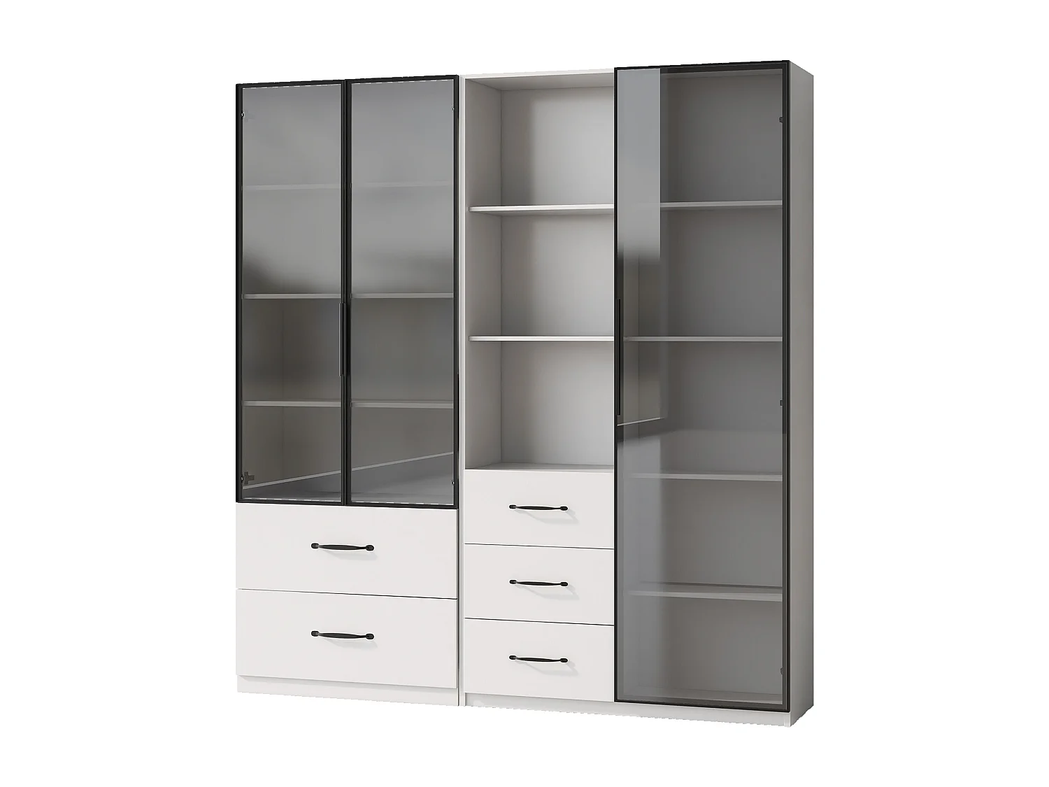 Vetrina bianca a due ante con illuminazione a LED, 3 ante in vetro e 5 cassetti.