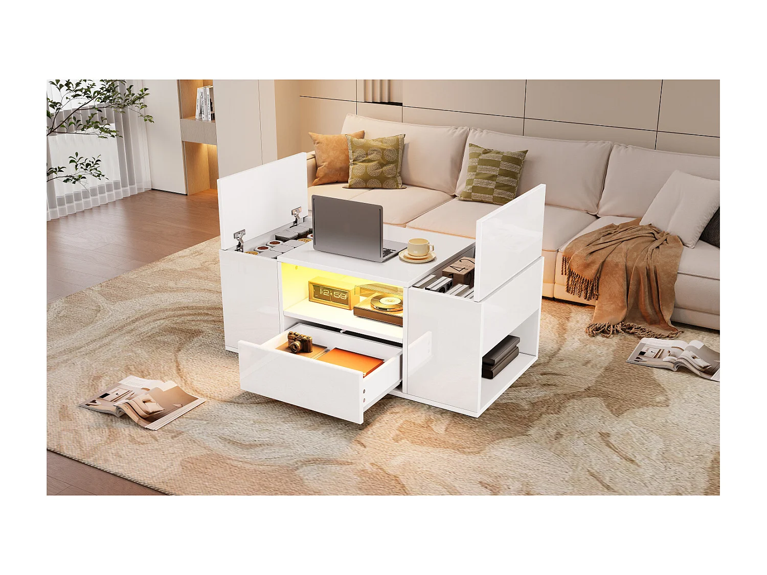 Table basse salon 100 x 50 x 40 cm blanche LED avec tiroir, 2 portes