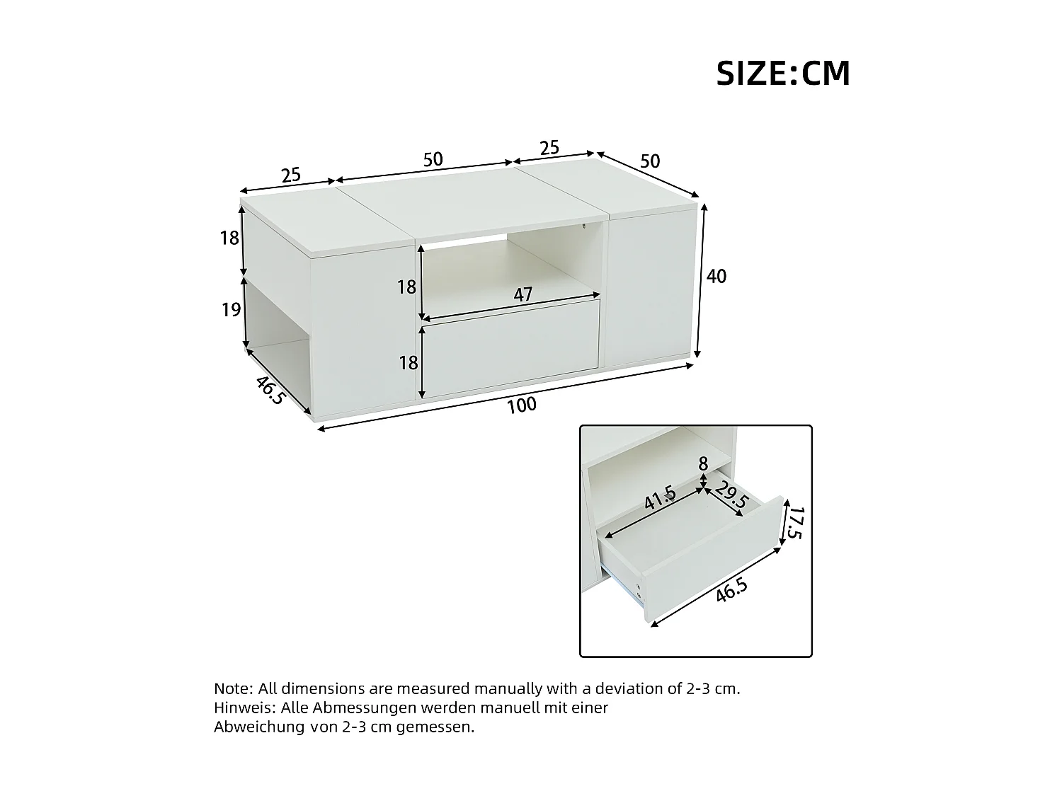 Table basse salon 100 x 50 x 40 cm blanche LED avec tiroir, 2 portes