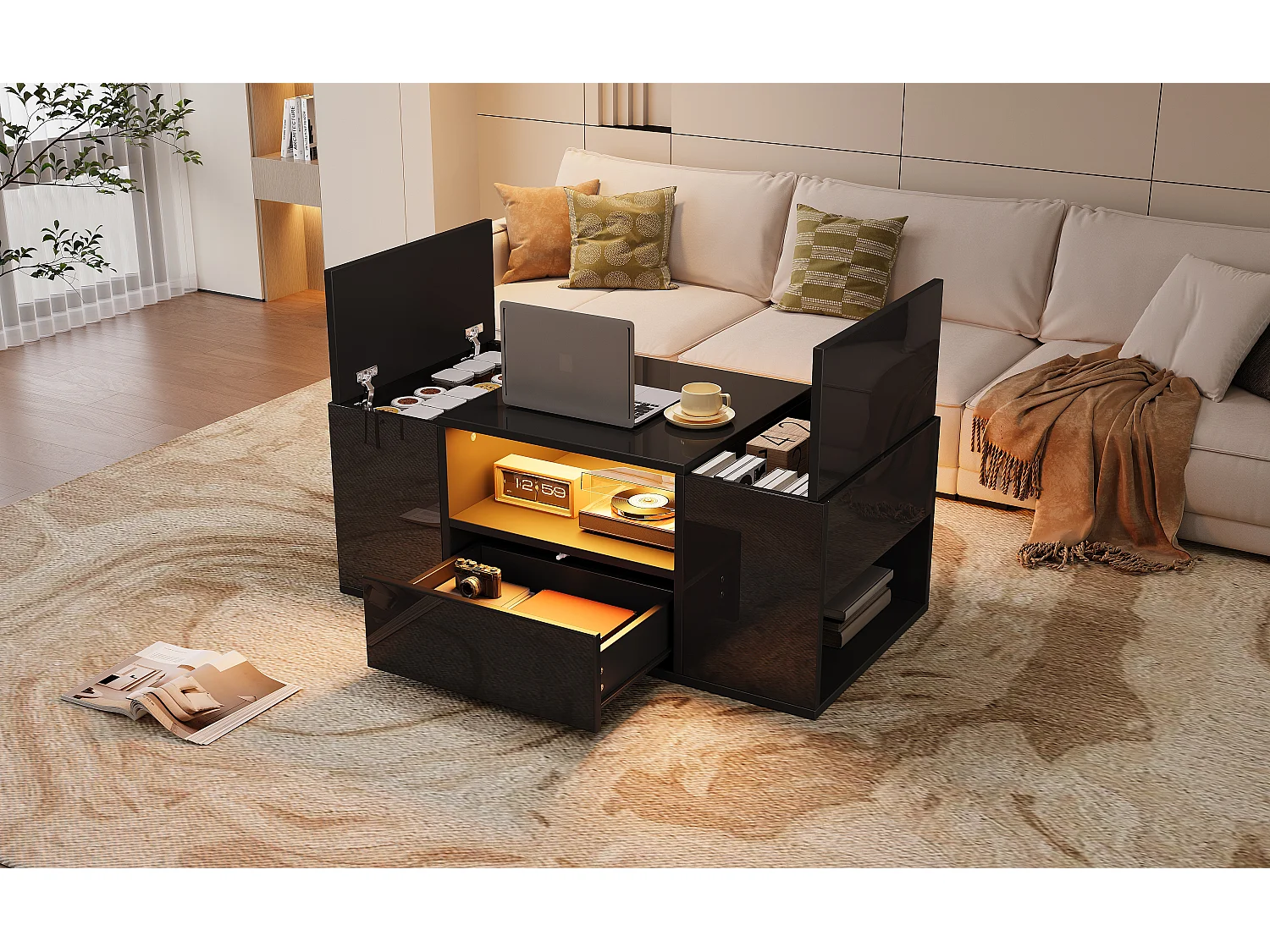 Table basse salon 100 x 50 x 40 cm noire LED avec tiroir, 2 portes