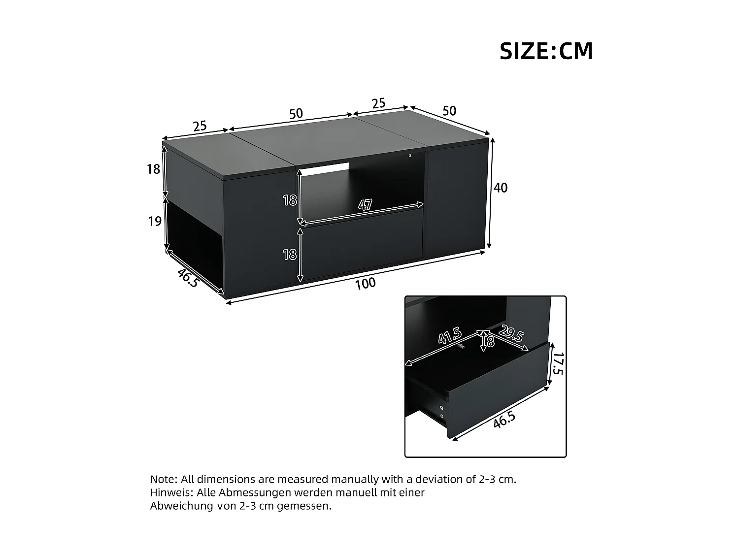 Table basse salon 100 x 50 x 40 cm noire LED avec tiroir, 2 portes